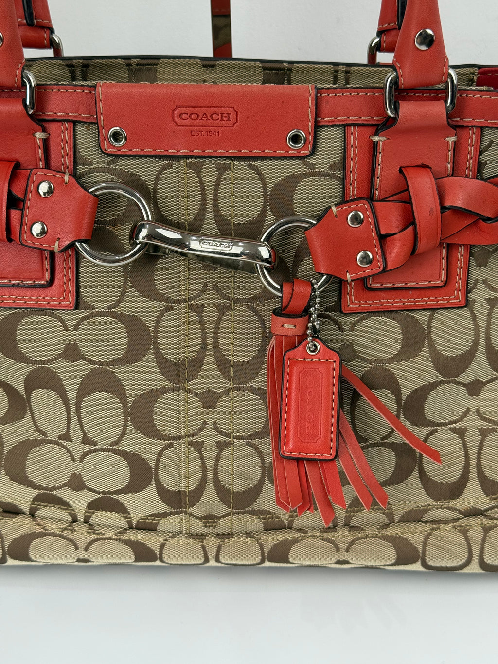 Vintage Coach Hampton Bag Coral Leather Shoulder Bag Signature Handbag 00s Y2K