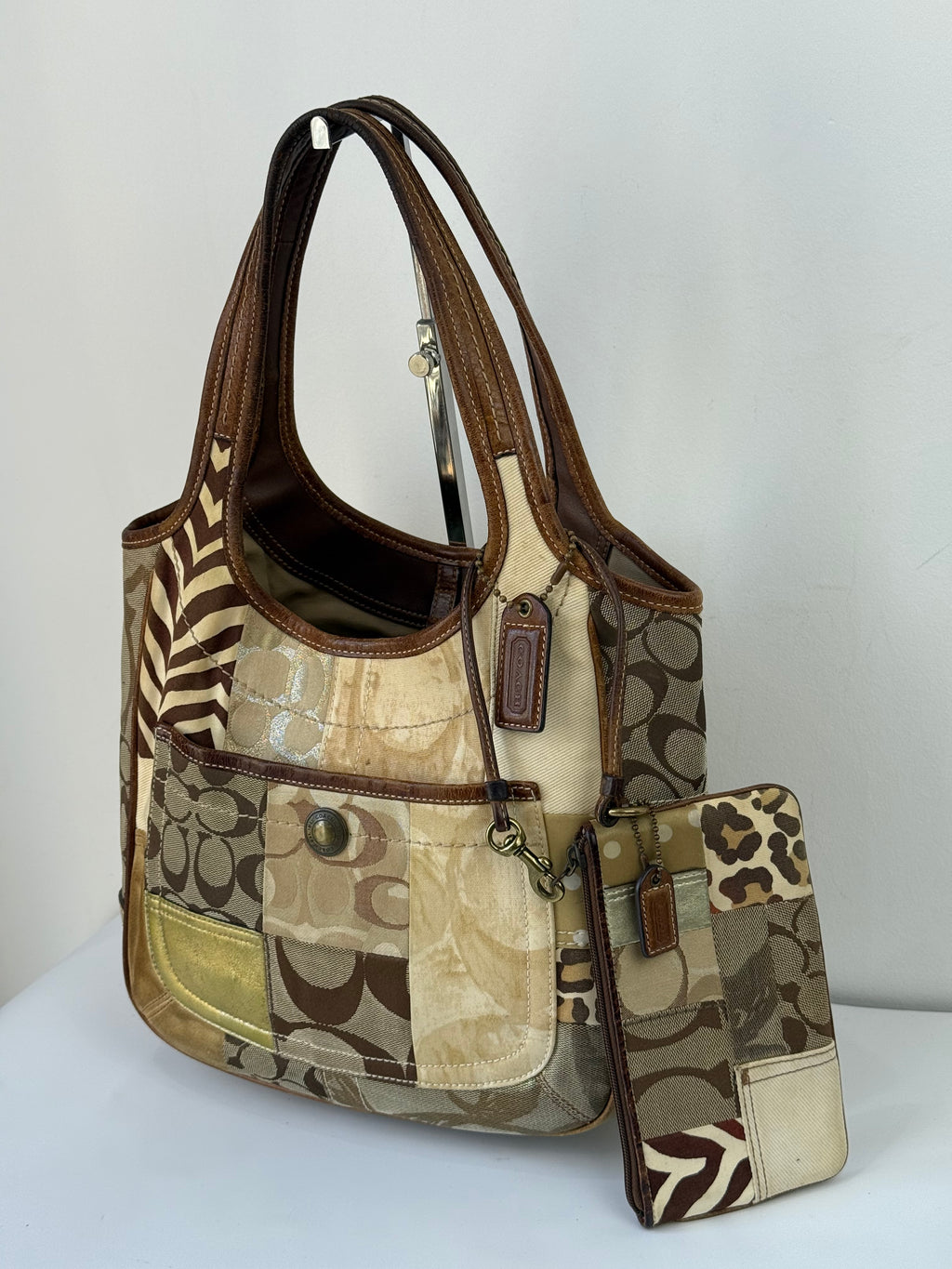 Vintage Coach Ergo Patchwork Tote Bag Bag Brown Signature Canvas Handbag with Coin Purse 00s Y2K