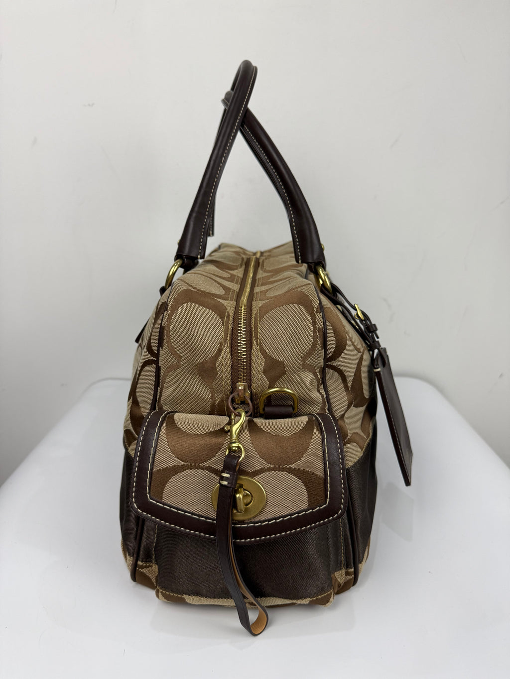 Vintage Coach Boston Travel Carry-On Bag Brown Signature Stripe Duffle Bag 00s Y2K