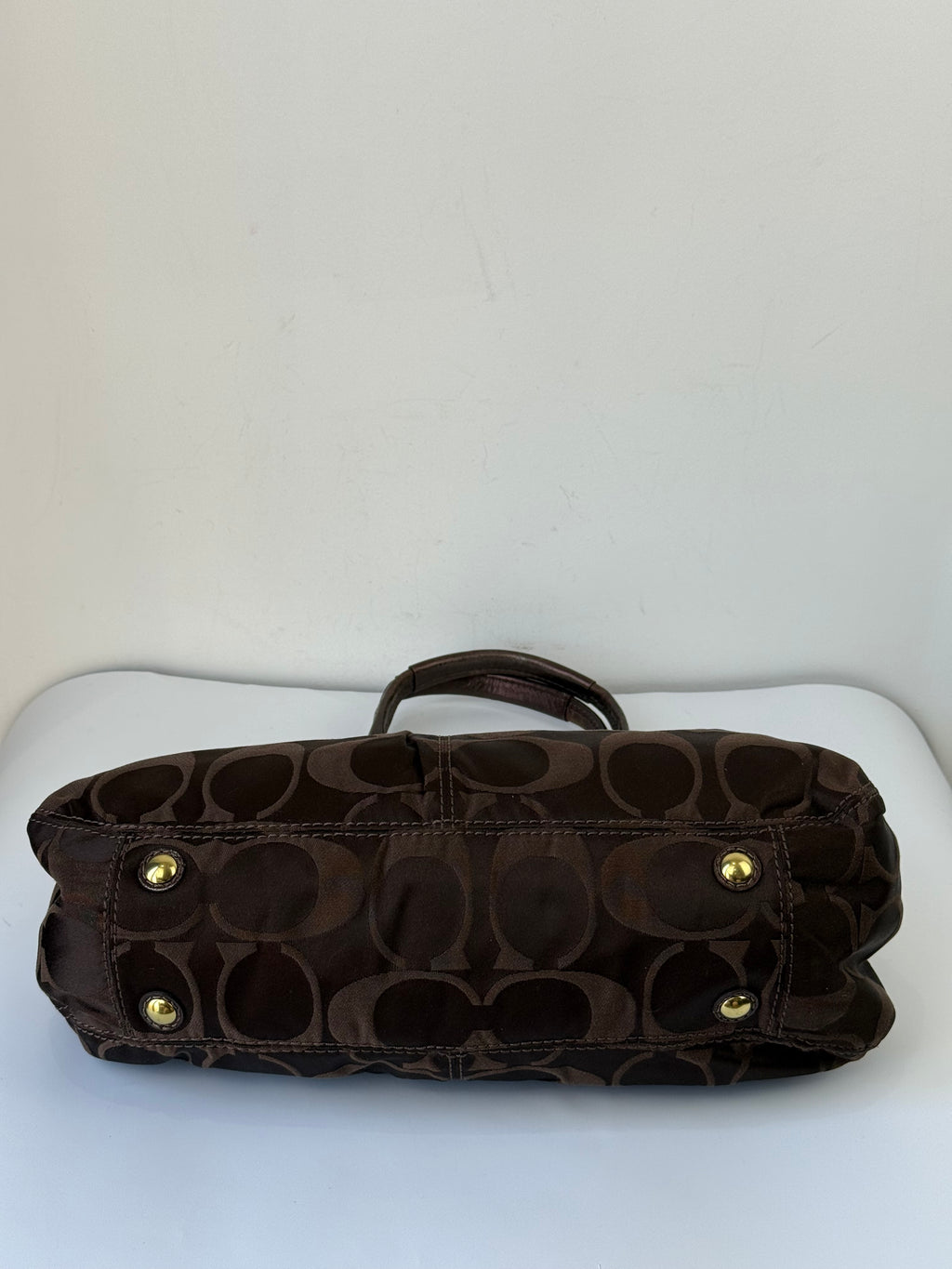 Vintage Coach Satin Pleeted TurnLock  Satchel Bag Brown Signature Coach Handbag 00s Y2K