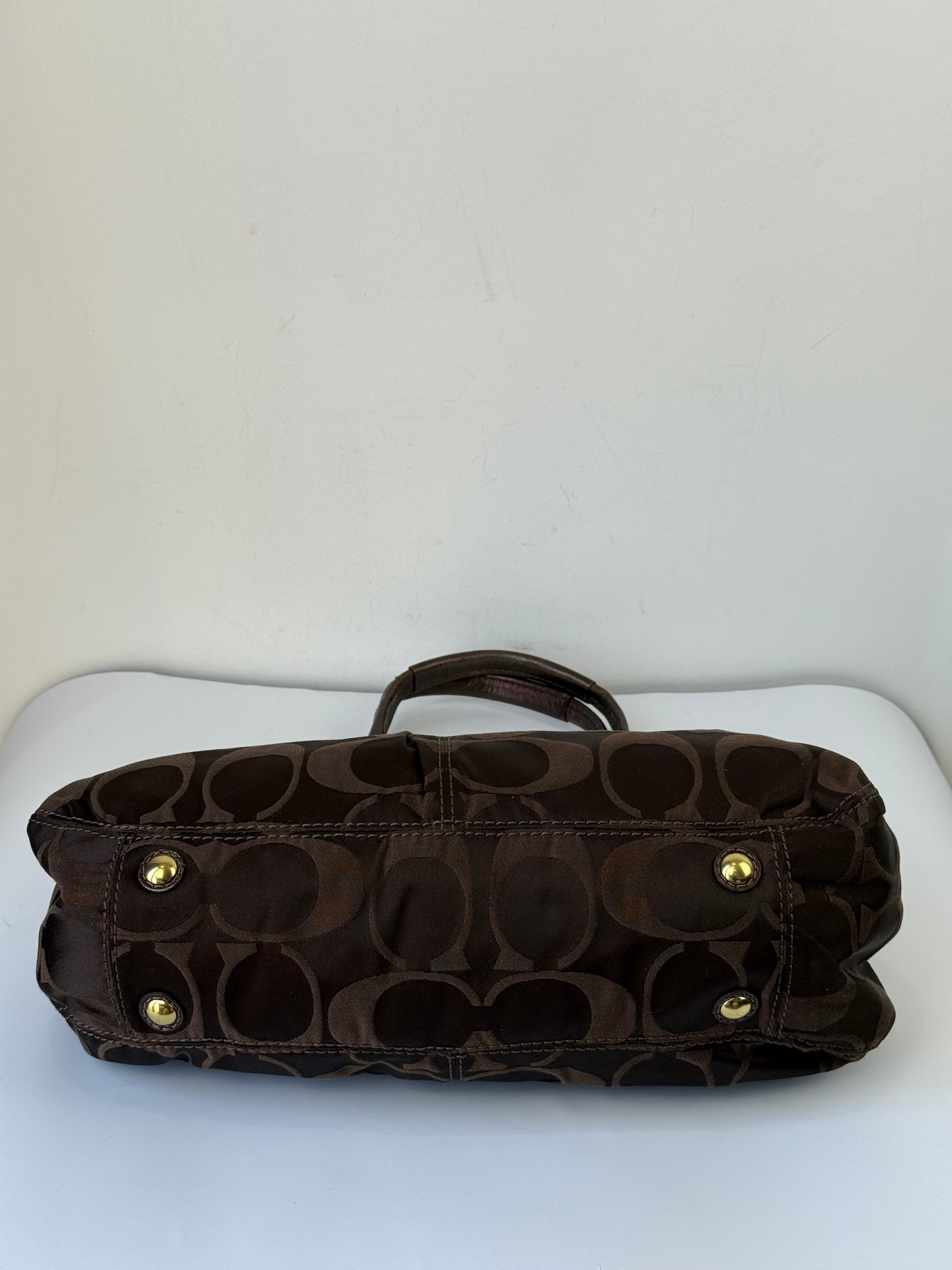 Vintage Coach Satin Pleeted TurnLock  Satchel Bag Brown Signature Coach Handbag 00s Y2K