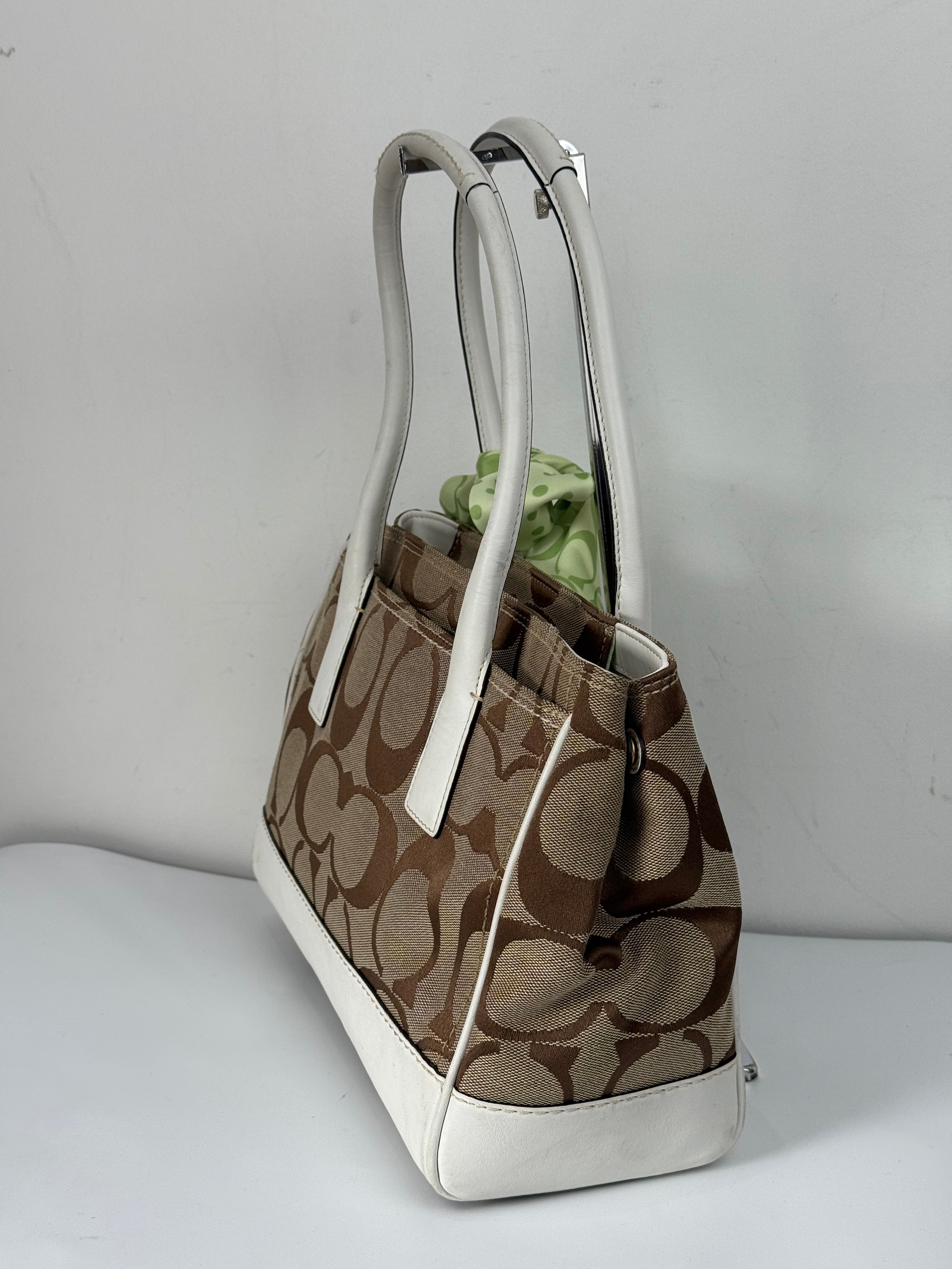 Vintage Coach Hampton Brown/White Tote Bag Coach Signature Y2K HandBag with Scarf