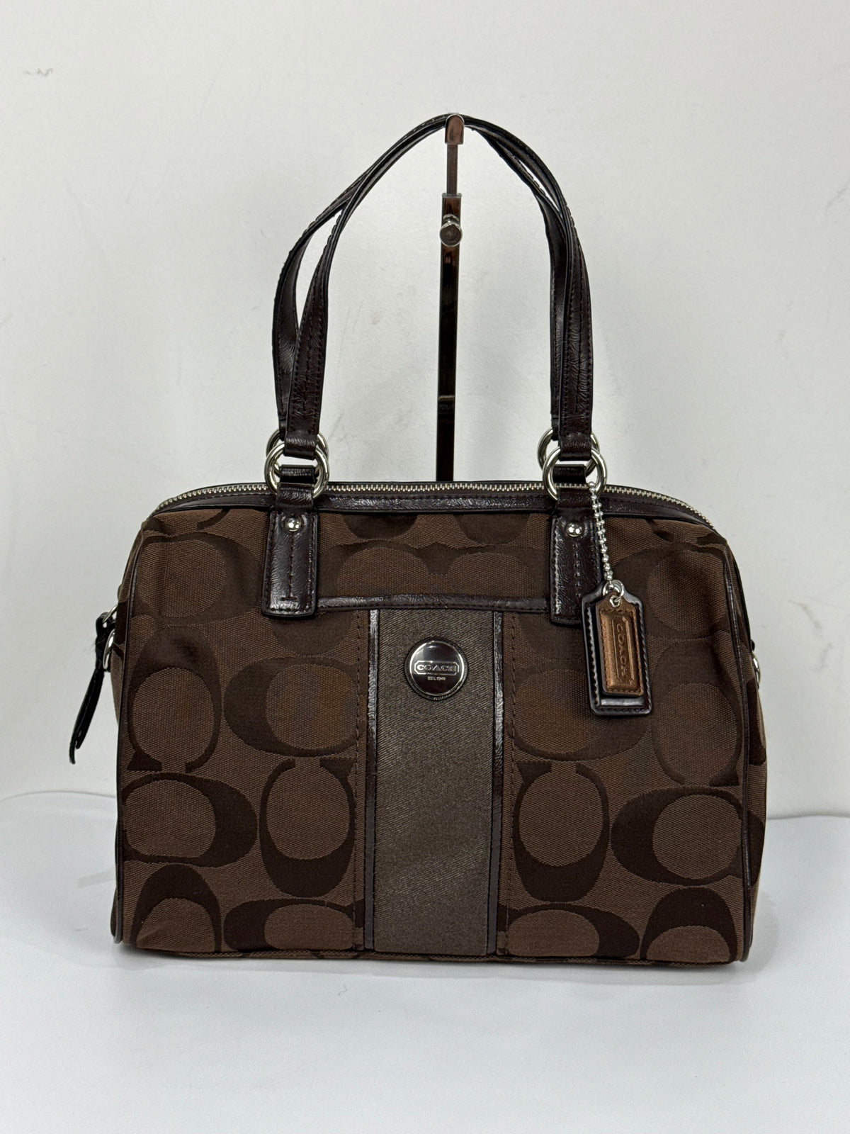 Vintage Coach Signature Stripe Pocket Satchel Bag Dark Brown Tote Bag Y2K