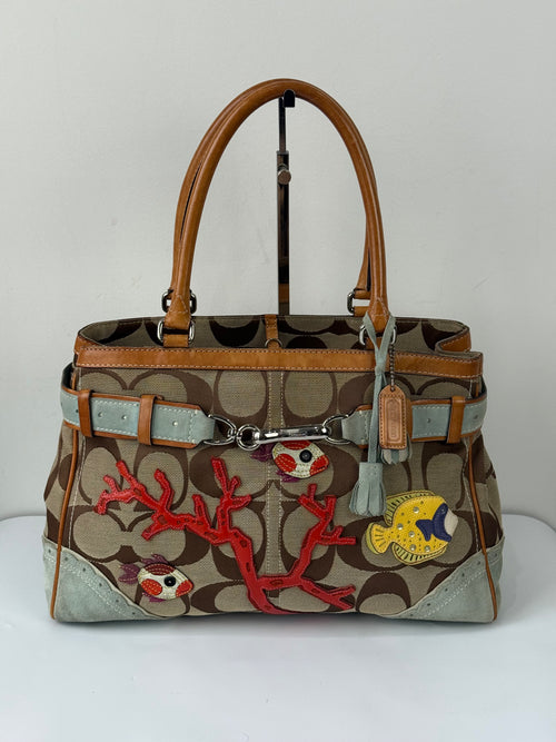 Super Rare Vintage Coach Signature Fish & Coral Appliqué Bag Coach Hampton Leather Satchel Handbag 00s Y2K