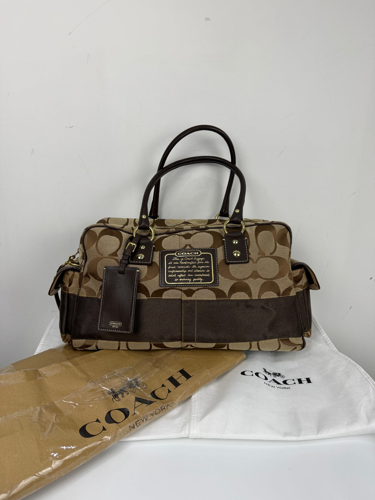 Vintage Coach Boston Travel Carry-On Bag Brown Signature Stripe Duffle Bag 00s Y2K