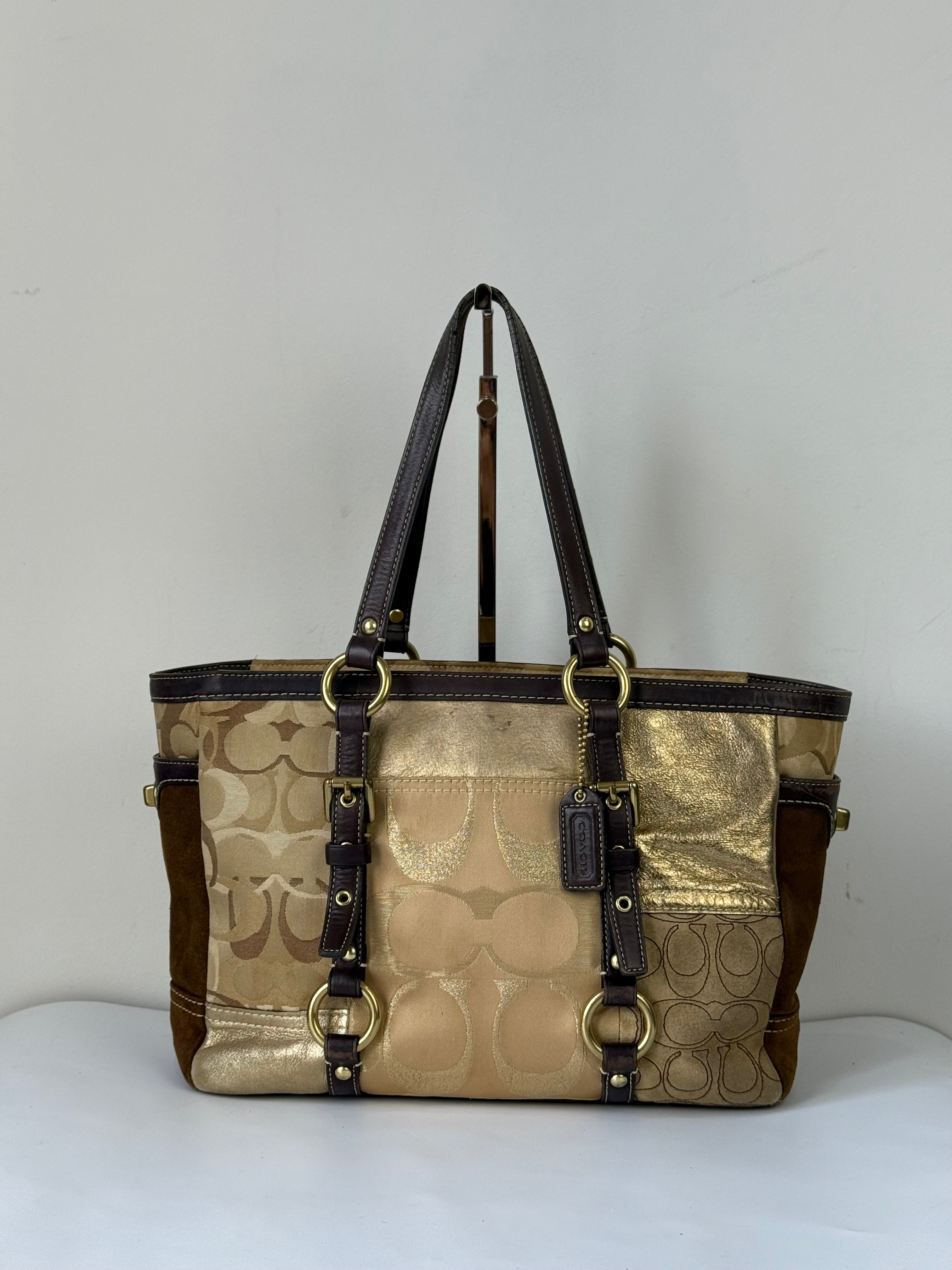 Vintage Coach Gold Multicolour Patchwork Tote Bag Coach Signature Suede Handbag 00s Y2K