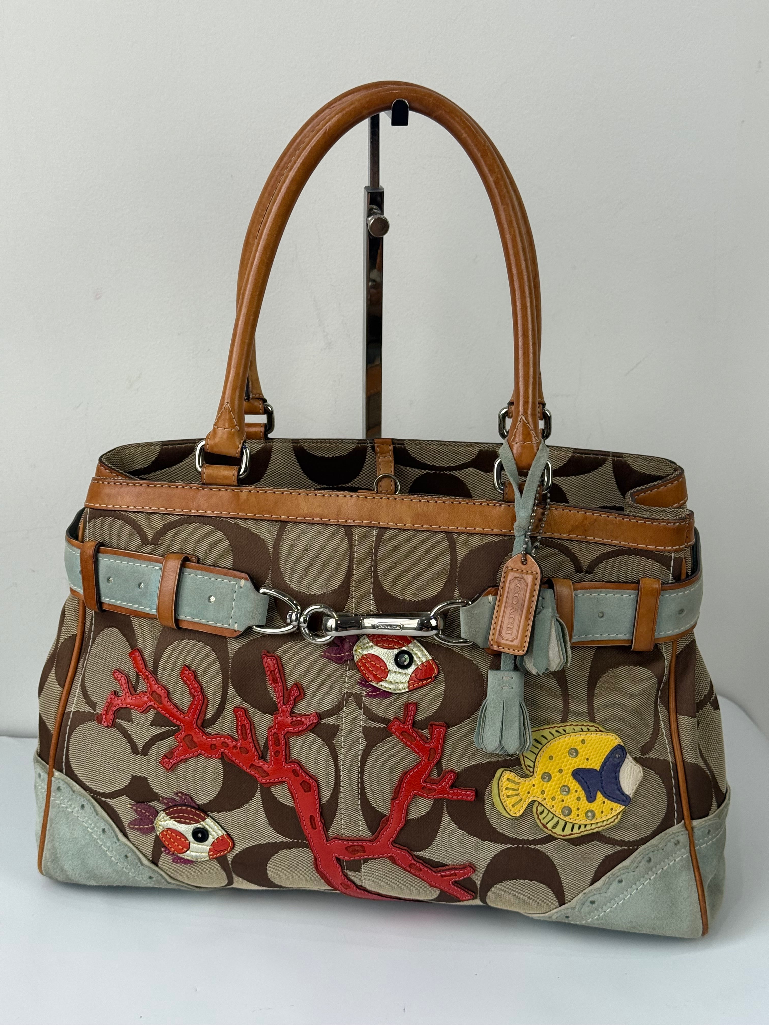 Super Rare Vintage Coach Signature Fish & Coral Appliqué Bag Coach Hampton Leather Satchel Handbag 00s Y2K