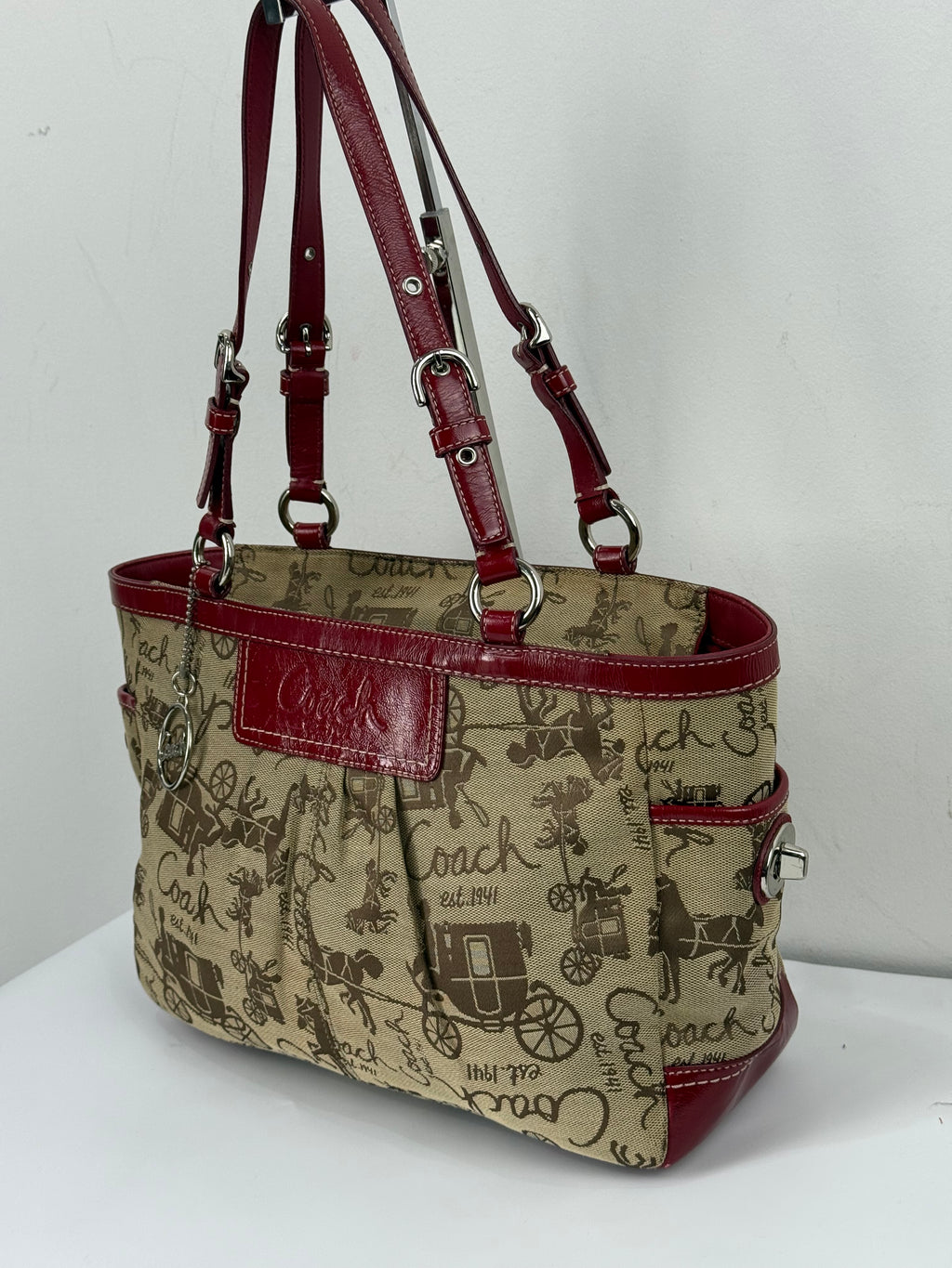 Vintage Coach Horse & Carriage Tote Bag Coach Red Patent Leather Trim Shoulder Bag 00s Y2K