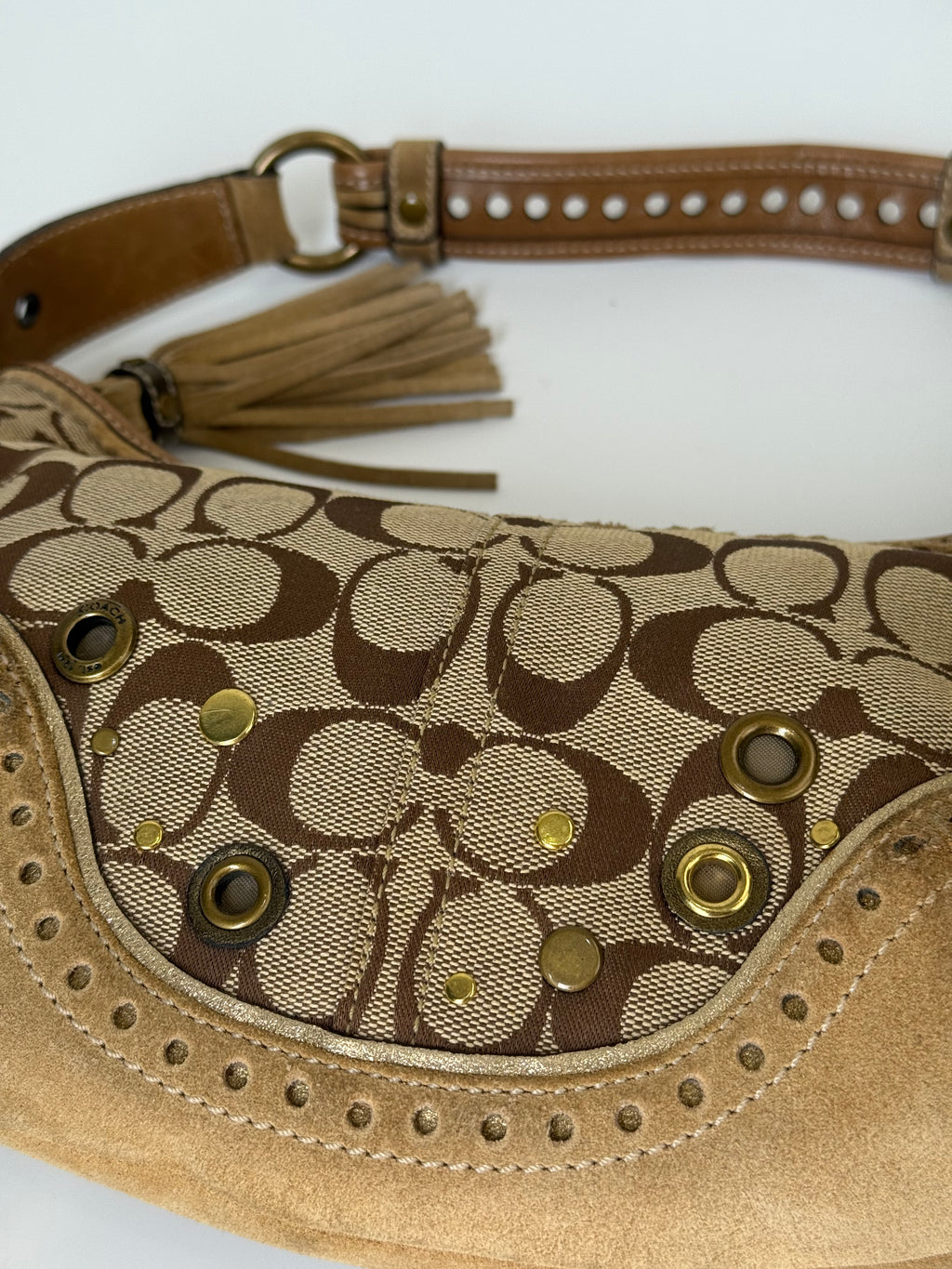 Coach Vintage Signature Sufflette Shoulder Bag Suede Studs Rare Y2K Hobo Bag