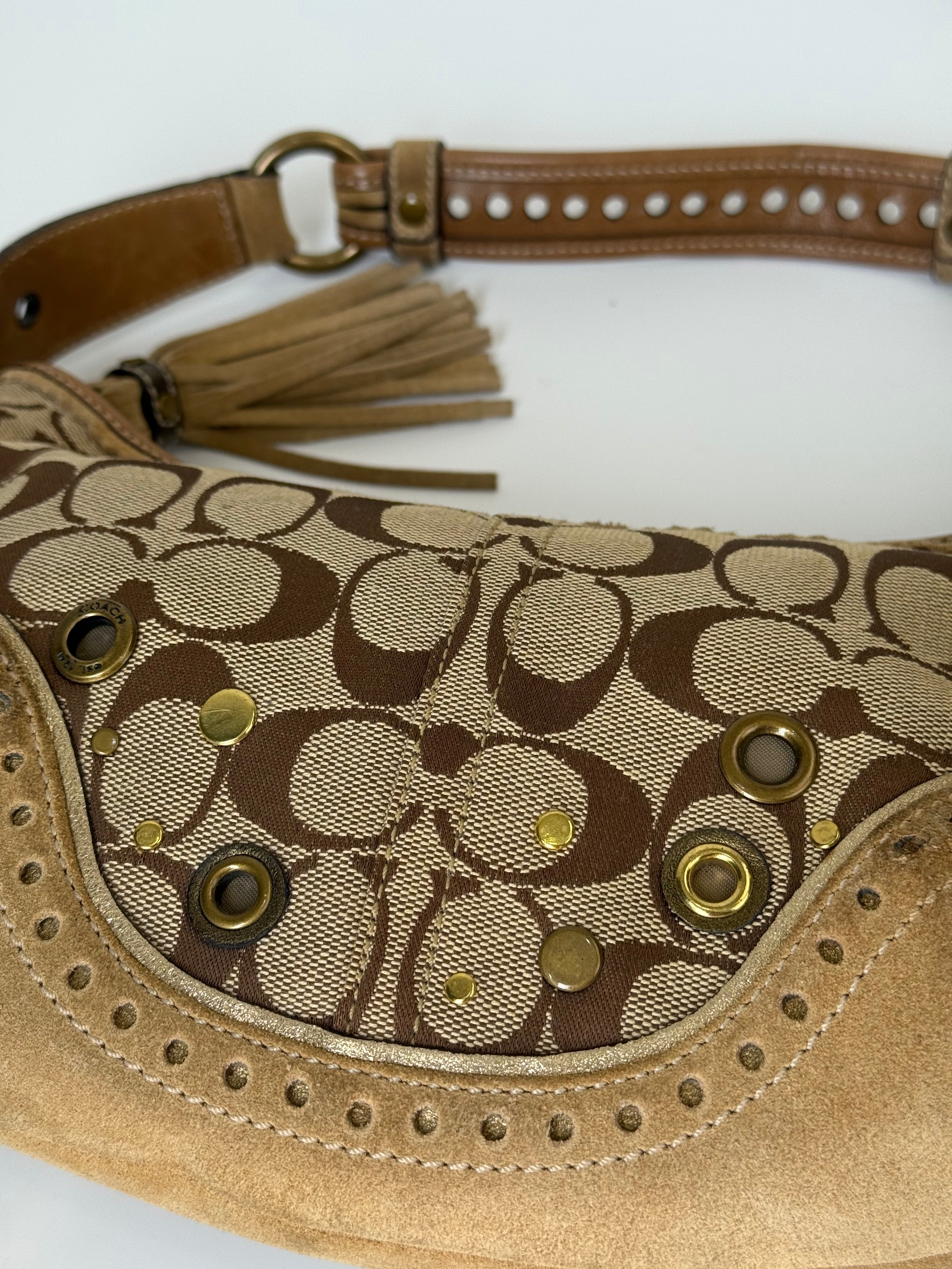 Coach Vintage Signature Sufflette Shoulder Bag Suede Studs Rare Y2K Hobo Bag
