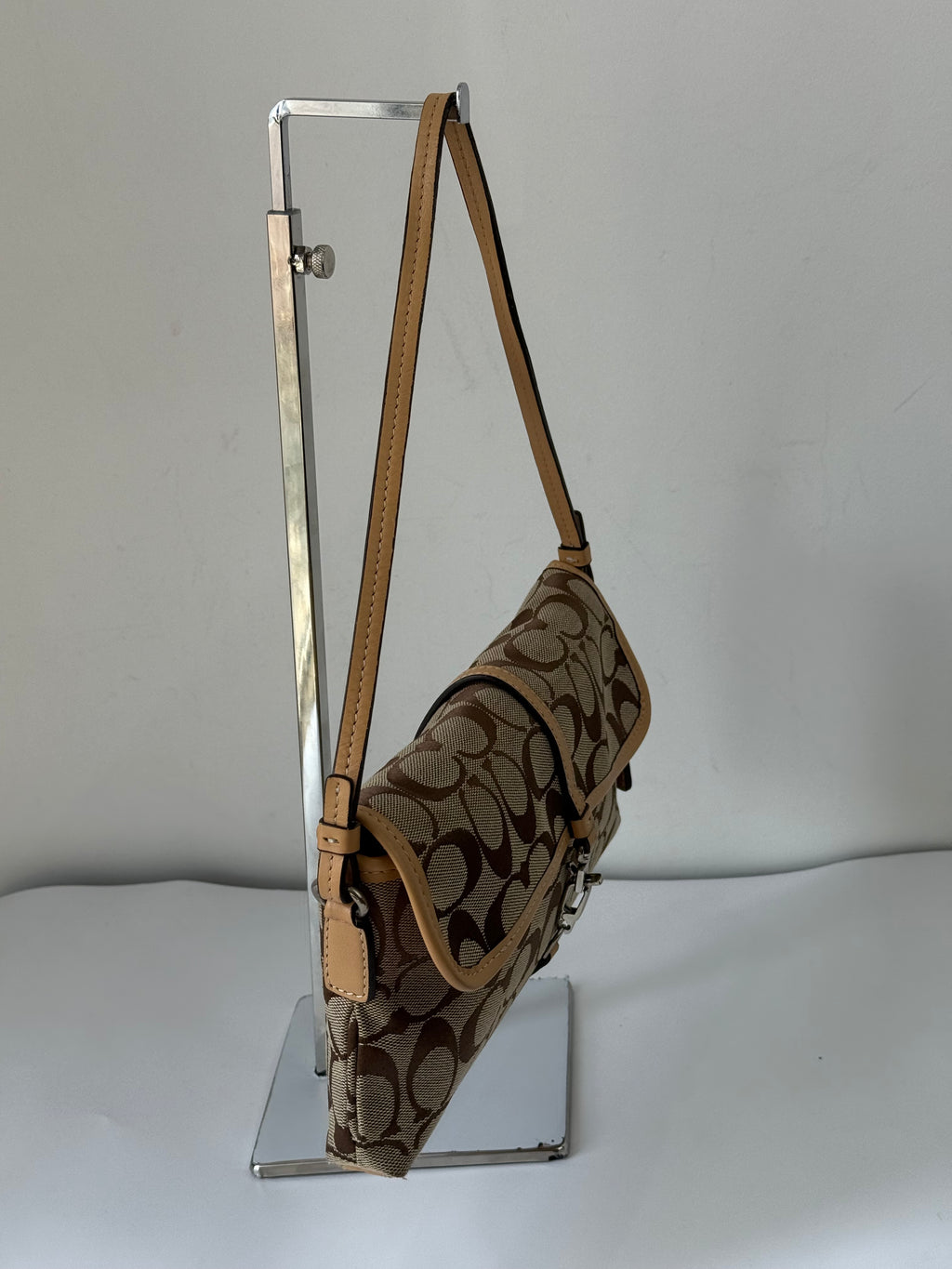 Vintage Coach Demi Clip Bag Brown Tan Signature Canvas Shoulder Bag Y2K
