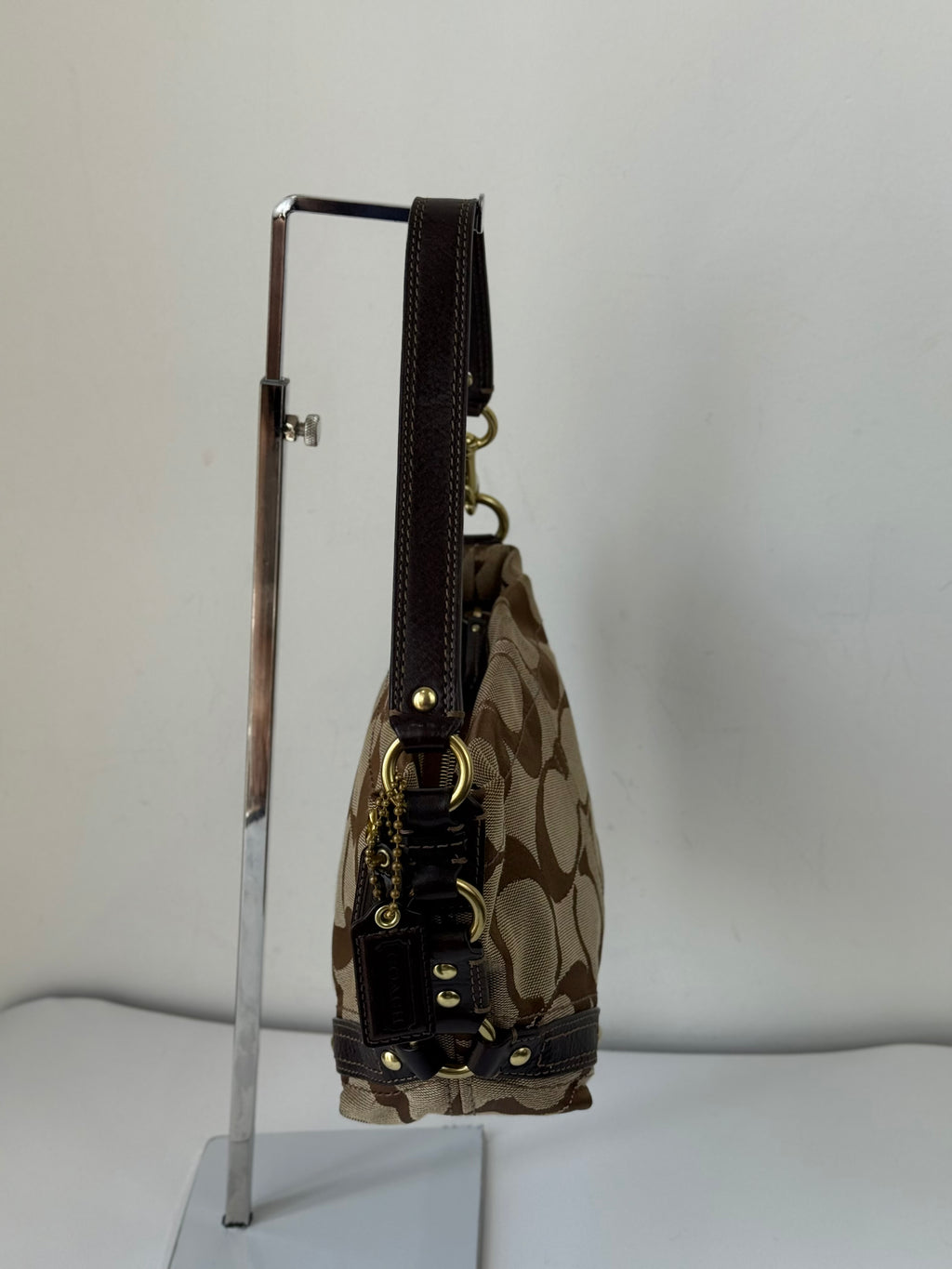 Vintage Coach Mini Carly Shoulder Bag Brown & Beige Signature Hobo Handbag 00s Y2K