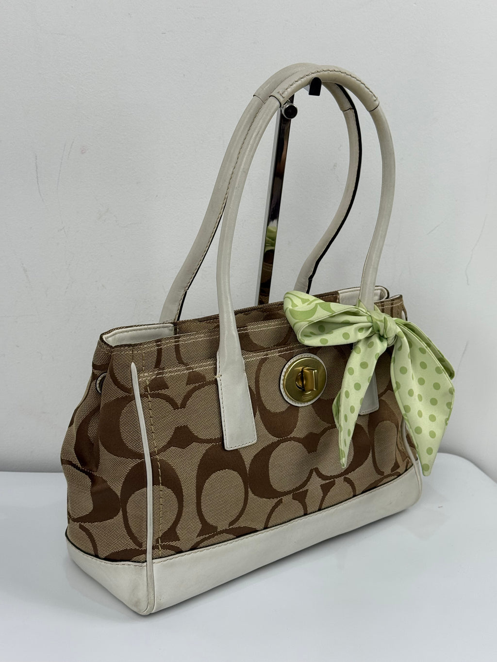 Vintage Coach Hampton Brown/White Tote Bag Coach Signature Y2K HandBag with Scarf