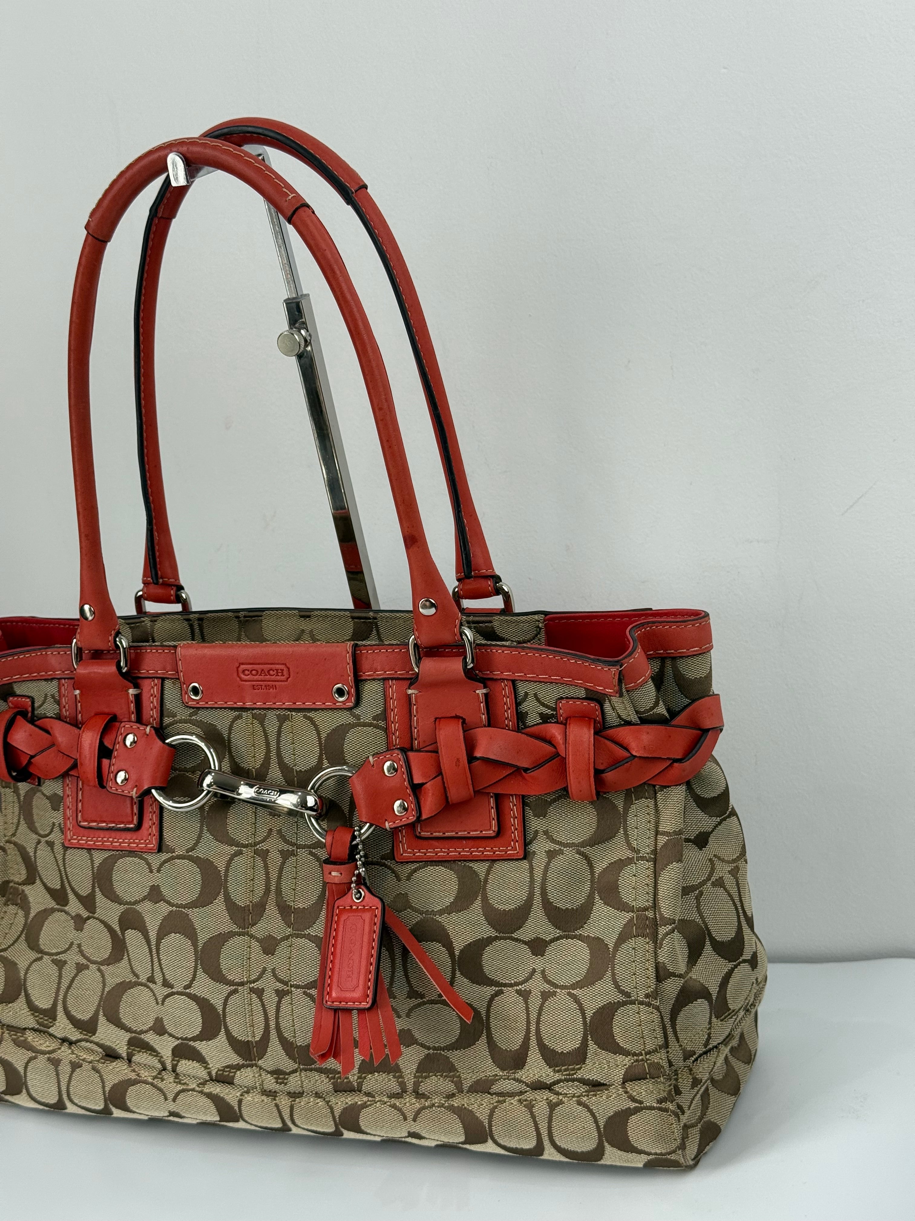 Vintage Coach Hampton Bag Coral Leather Shoulder Bag Signature Handbag 00s Y2K