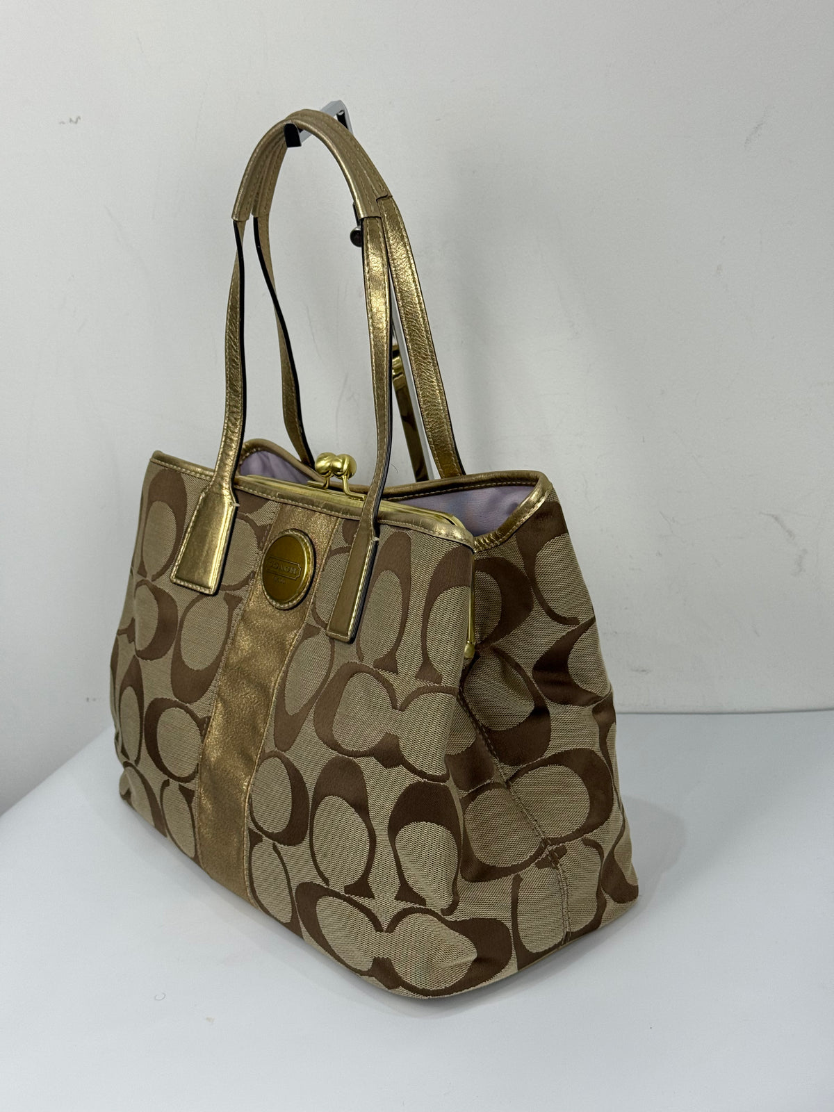 Vintage Coach Signature Gold Stripe Kiss-lock Tote Bag Brown/Beige Coach Canvas HandBag 00s Y2K