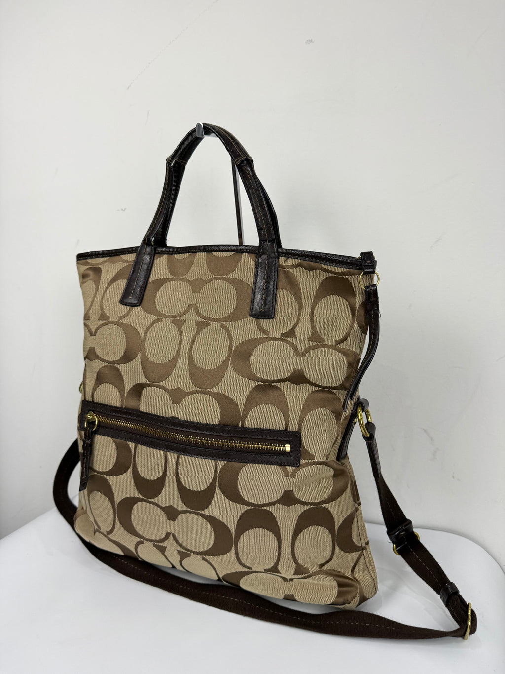 Vintage Coach Signature Stripe Fold over Tote Bag Brown/Beige Shoulder Bag Y2K