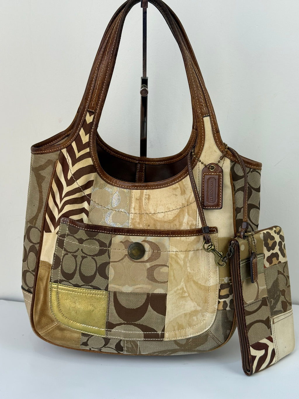 Vintage Coach Ergo Patchwork Tote Bag Bag Brown Signature Canvas Handbag with Coin Purse 00s Y2K