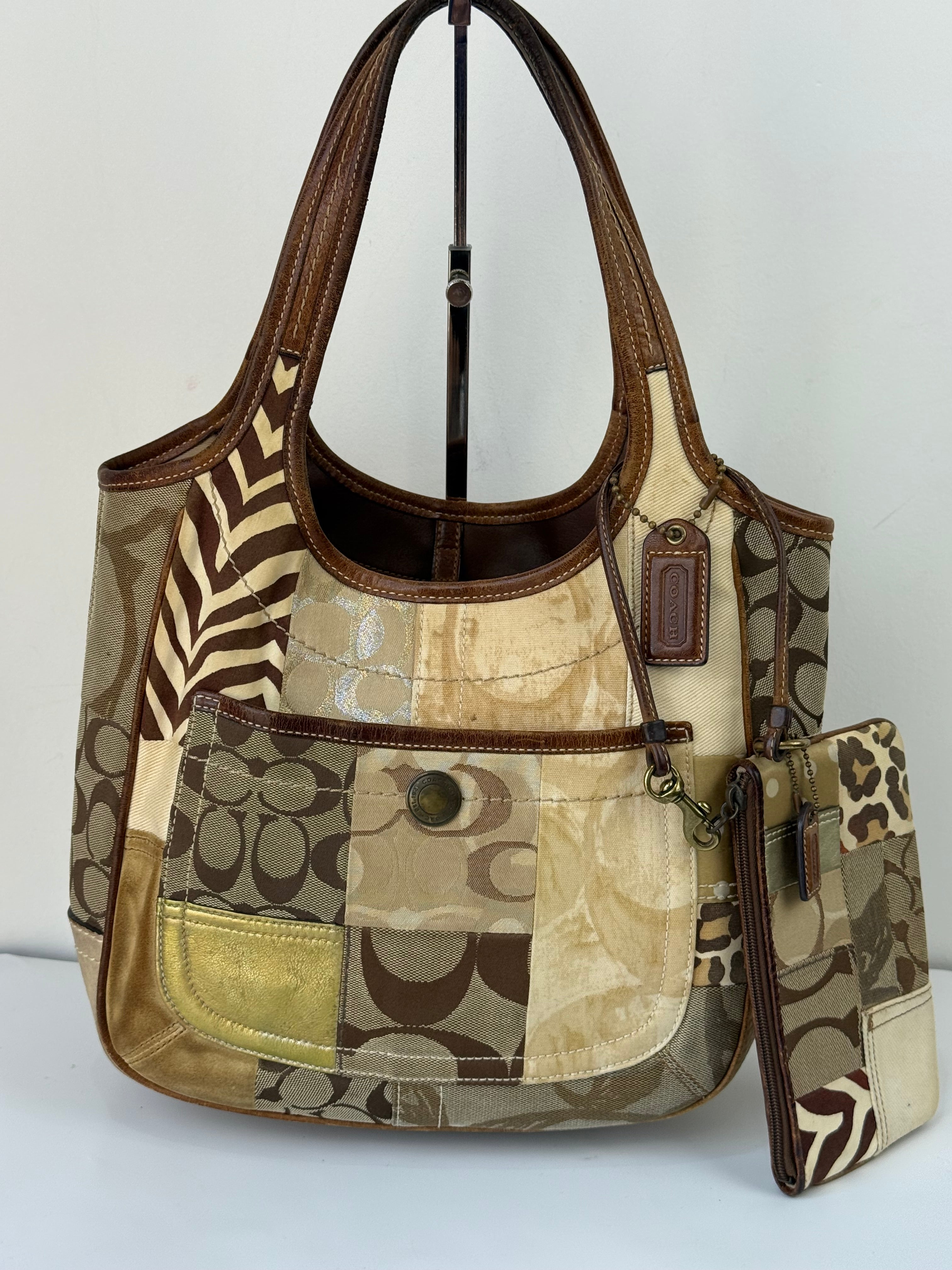 Vintage Coach Ergo Patchwork Tote Bag Bag Brown Signature Canvas Handbag with Coin Purse 00s Y2K