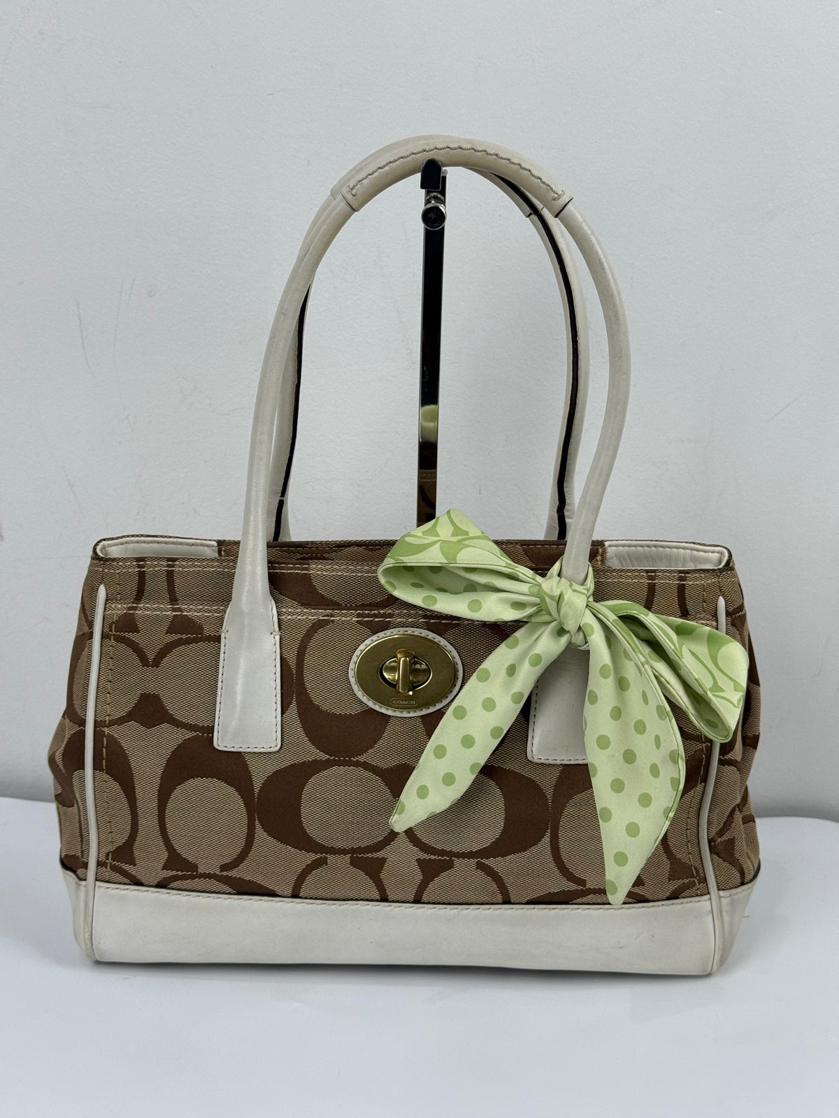 Vintage Coach Hampton Brown/White Tote Bag Coach Signature Y2K HandBag with Scarf