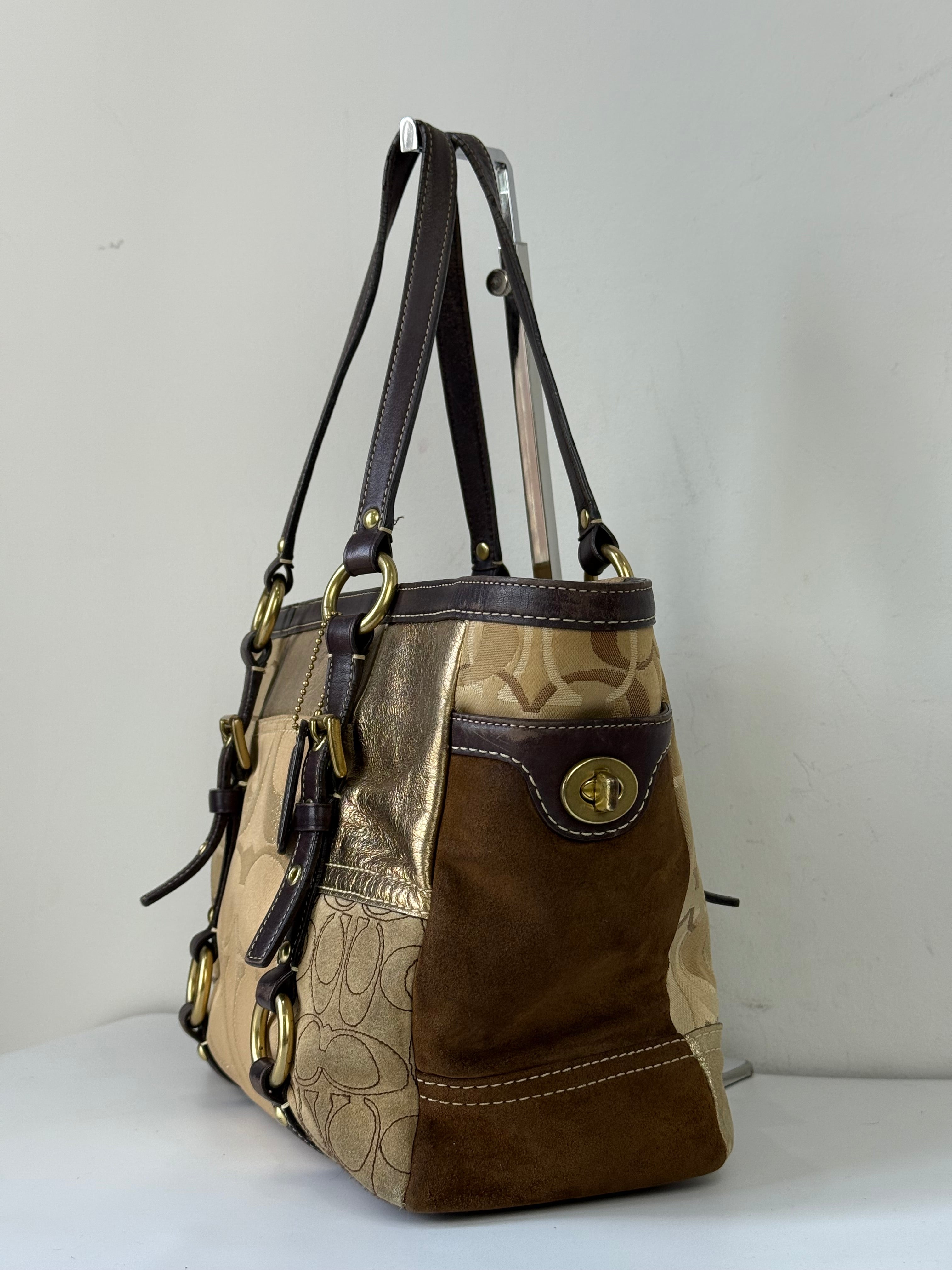Vintage Coach Gold Multicolour Patchwork Tote Bag Coach Signature Suede Handbag 00s Y2K