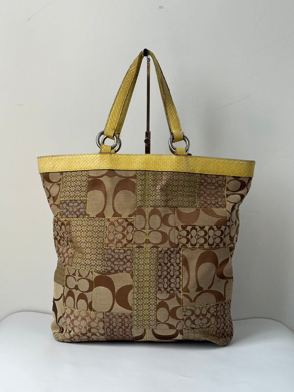 Vintage Coach Patchwork Tote Bag Coach Brown Signature Yellow Leather Handbag 00s Y2K