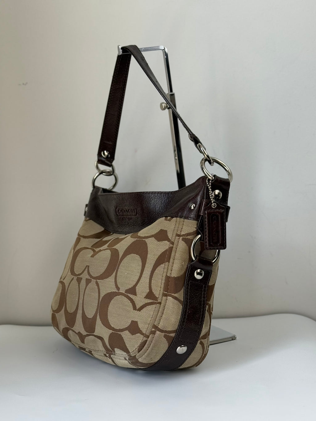 Vintage Coach Zoe Signature Bag Brown Khaki/Mahogany Canvas Shoulder Bag 00s Y2K