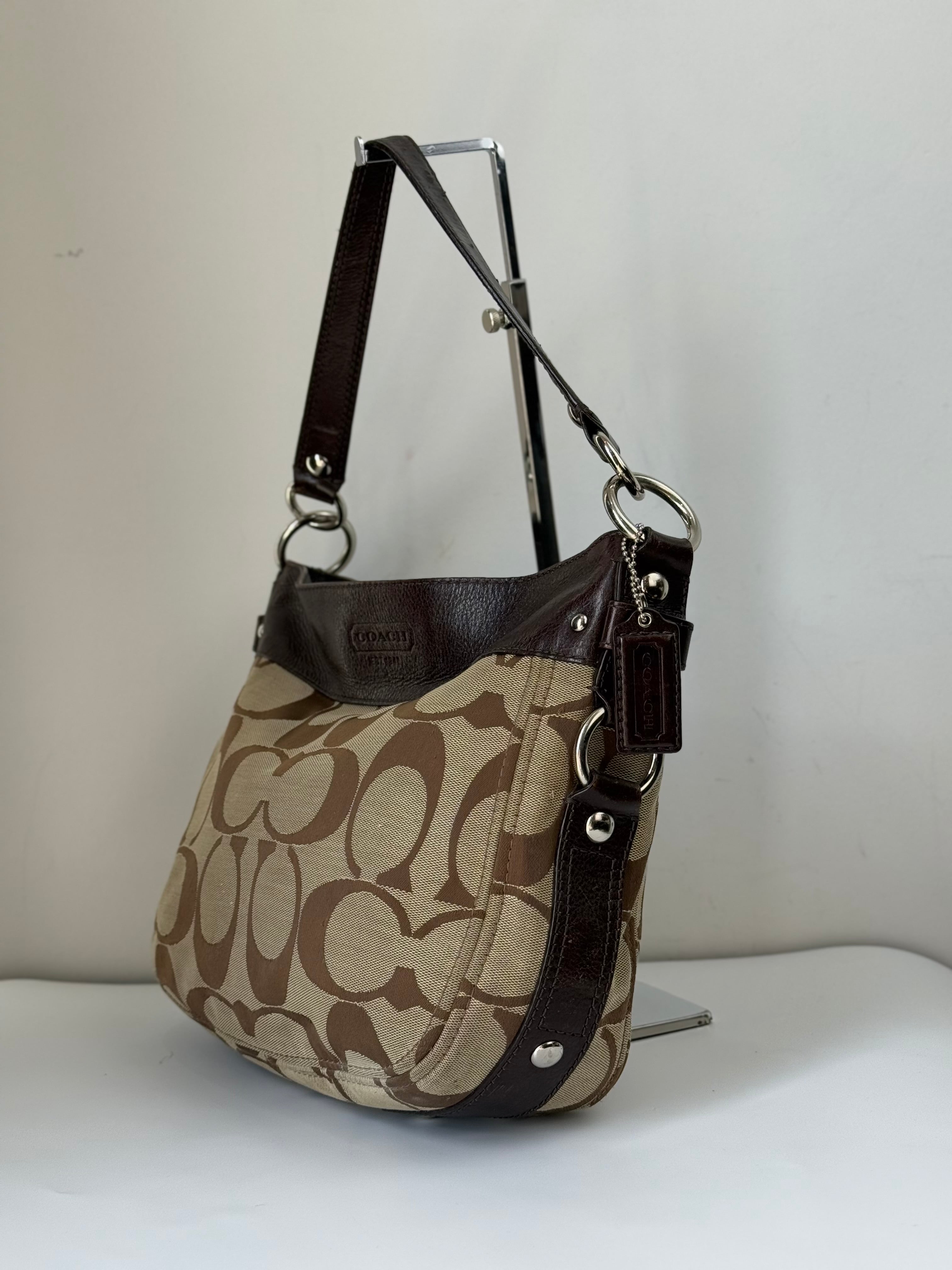 Vintage Coach Zoe Signature Bag Brown Khaki/Mahogany Canvas Shoulder Bag 00s Y2K