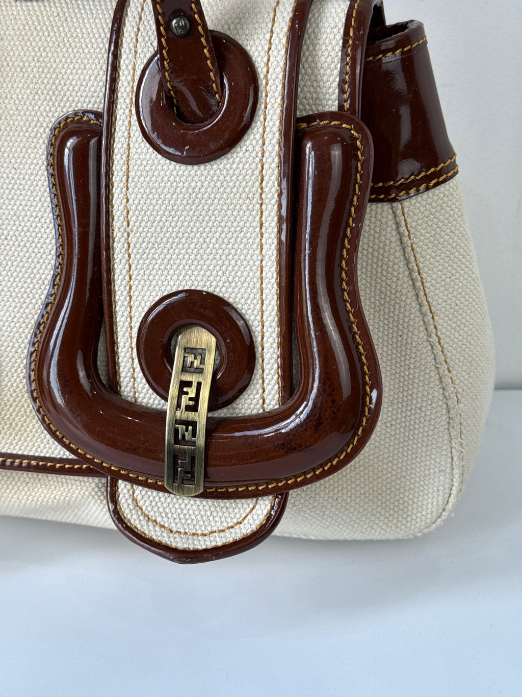 Vintage Fendi B Bag Brown Leather and White Canvas Fendi Handbag 00s Y2K