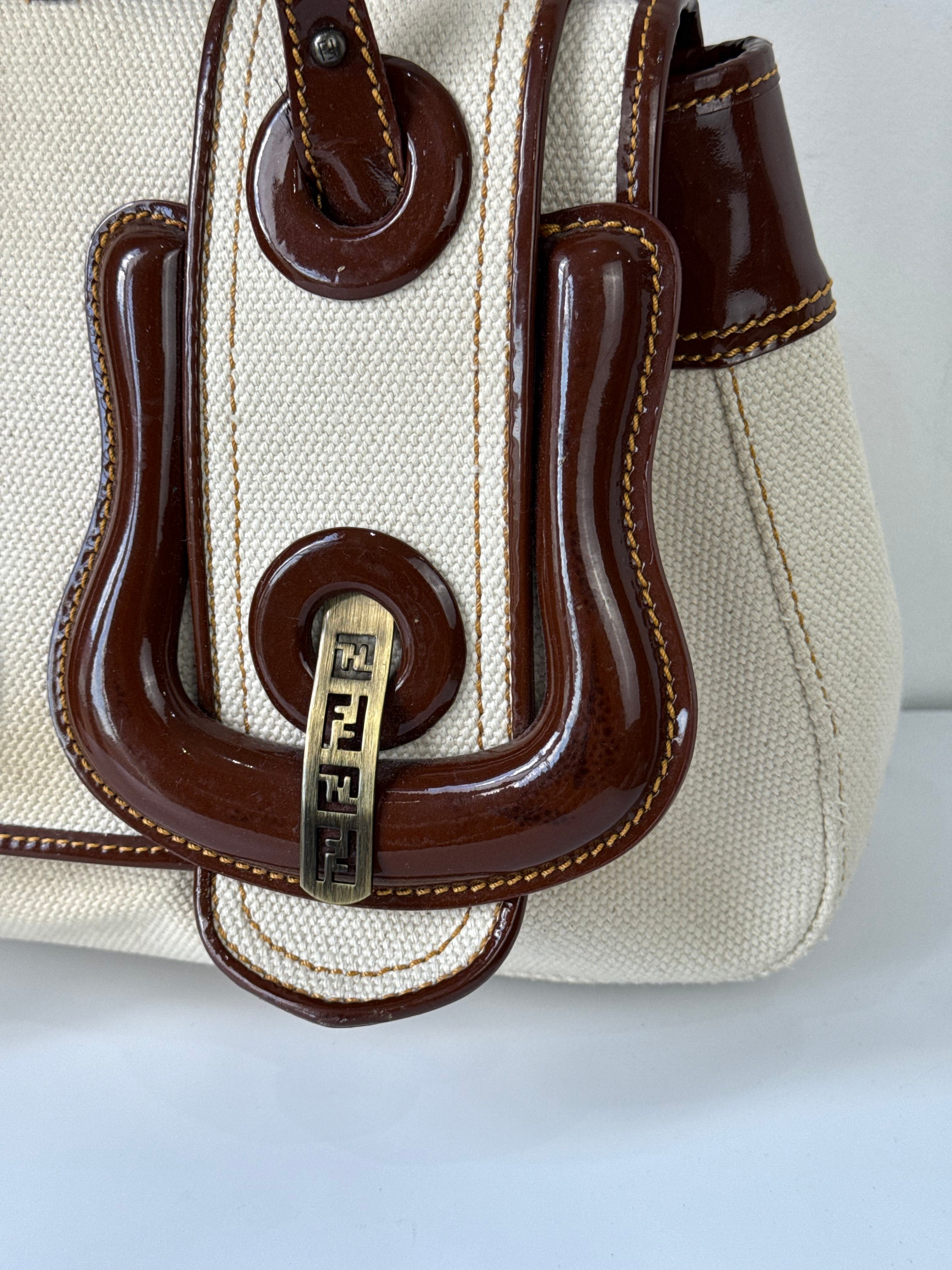 Vintage Fendi B Bag Brown Leather and White Canvas Fendi Handbag 00s Y2K