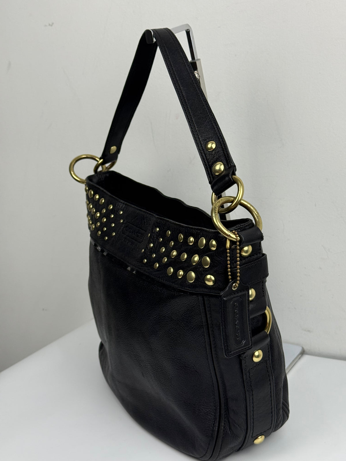 Vintage Coach Zoe Shoulder Hobo Bag Black Leather with Studded Bag 00s Y2K