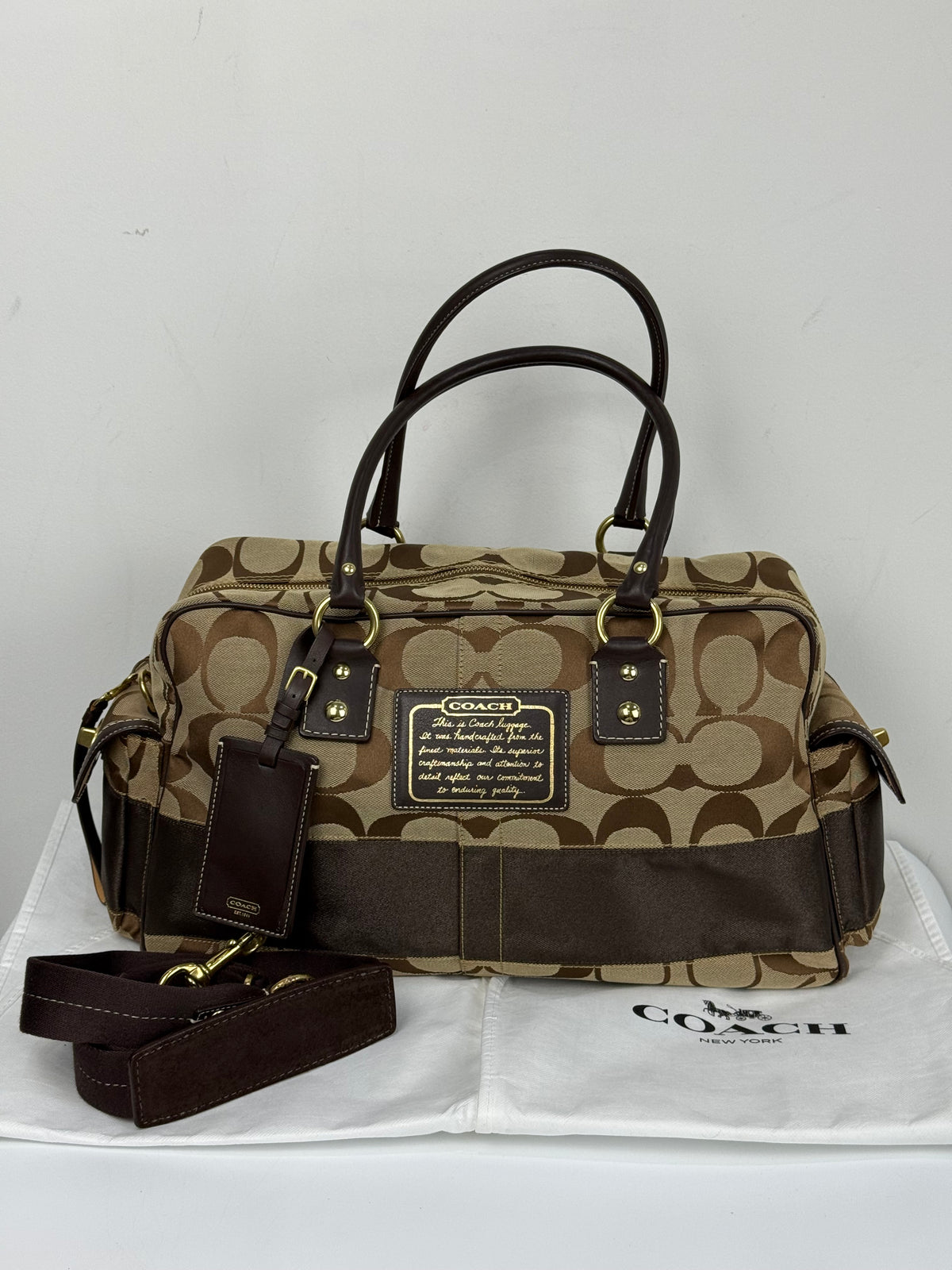 Vintage Coach Boston Travel Carry-On Bag Brown Signature Stripe Duffle Bag 00s Y2K