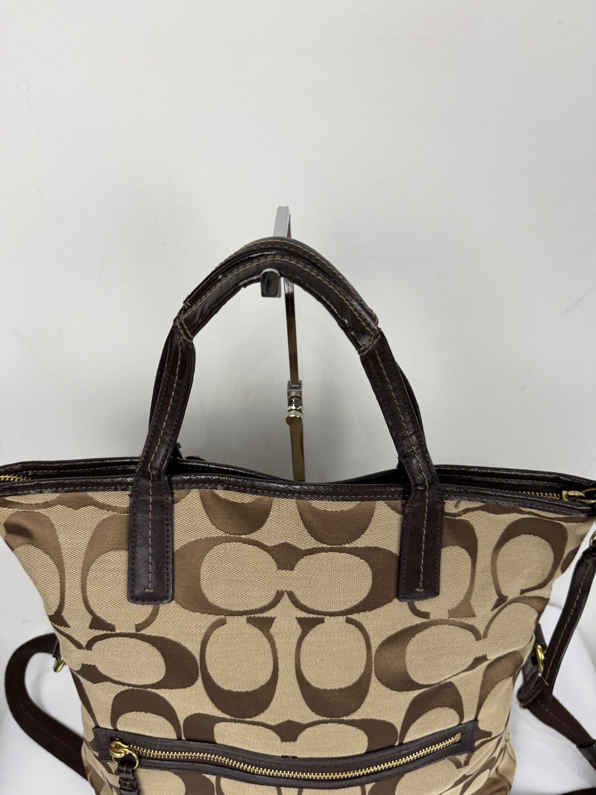 Vintage Coach Signature Stripe Fold over Tote Bag Brown/Beige Shoulder Bag Y2K