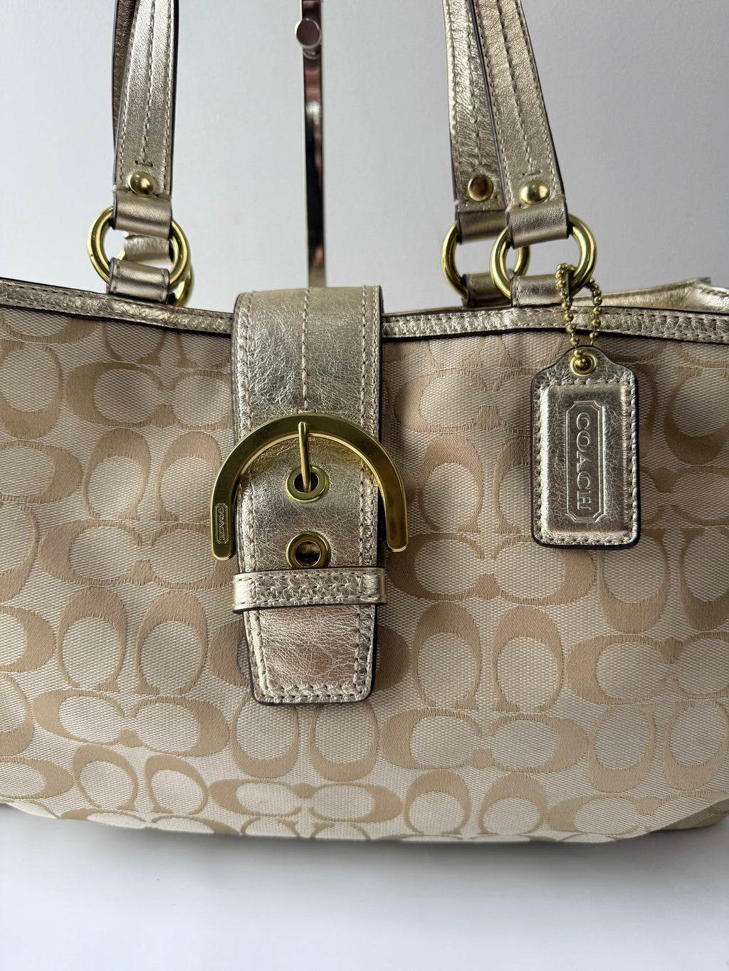 Vintage Coach Soho Signature Tote Bag Cream & Gold Canvas Shoulder Bag 00s Y2K