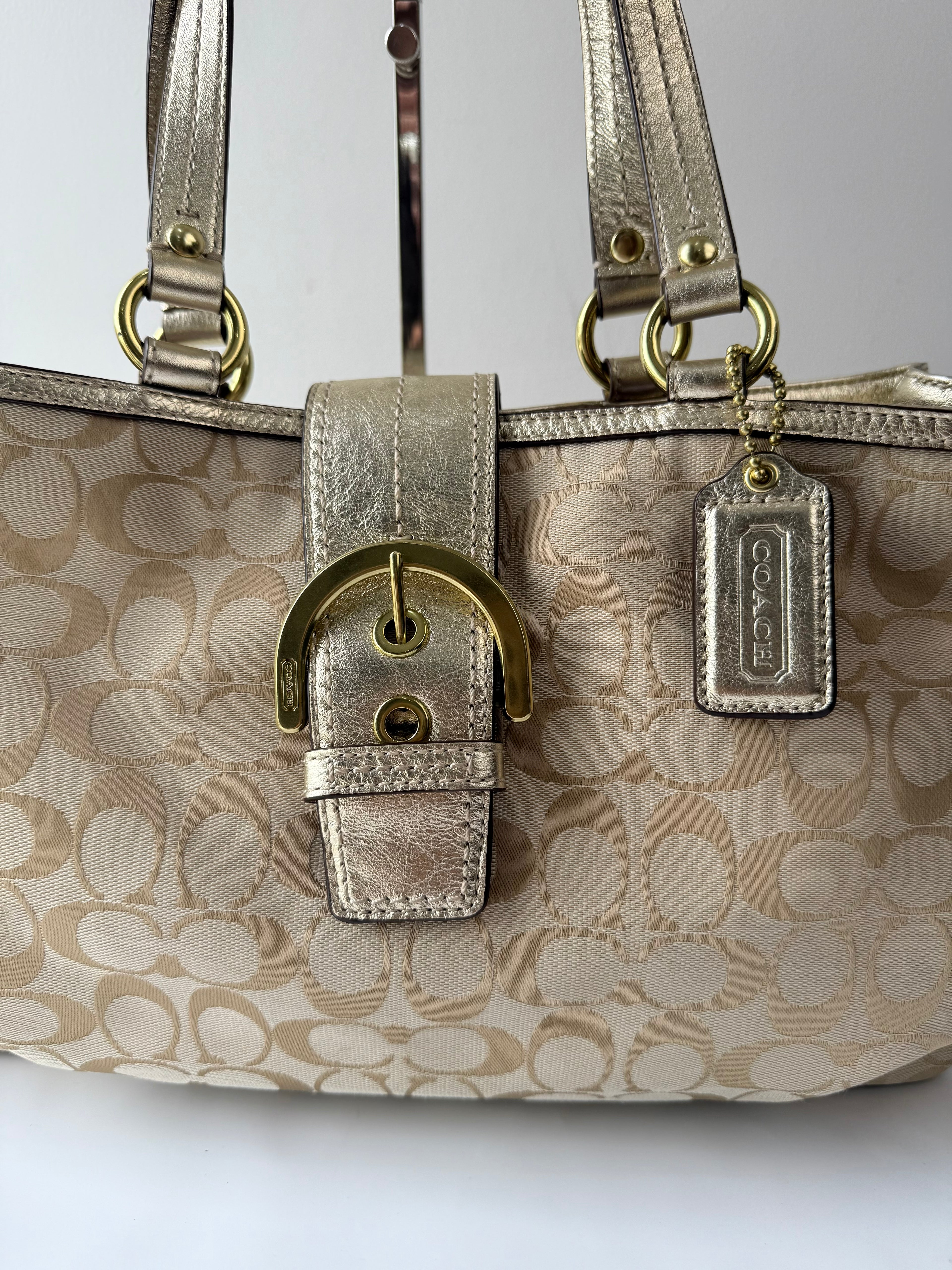 Vintage Coach Soho Signature Tote Bag Cream & Gold Canvas Shoulder Bag 00s Y2K