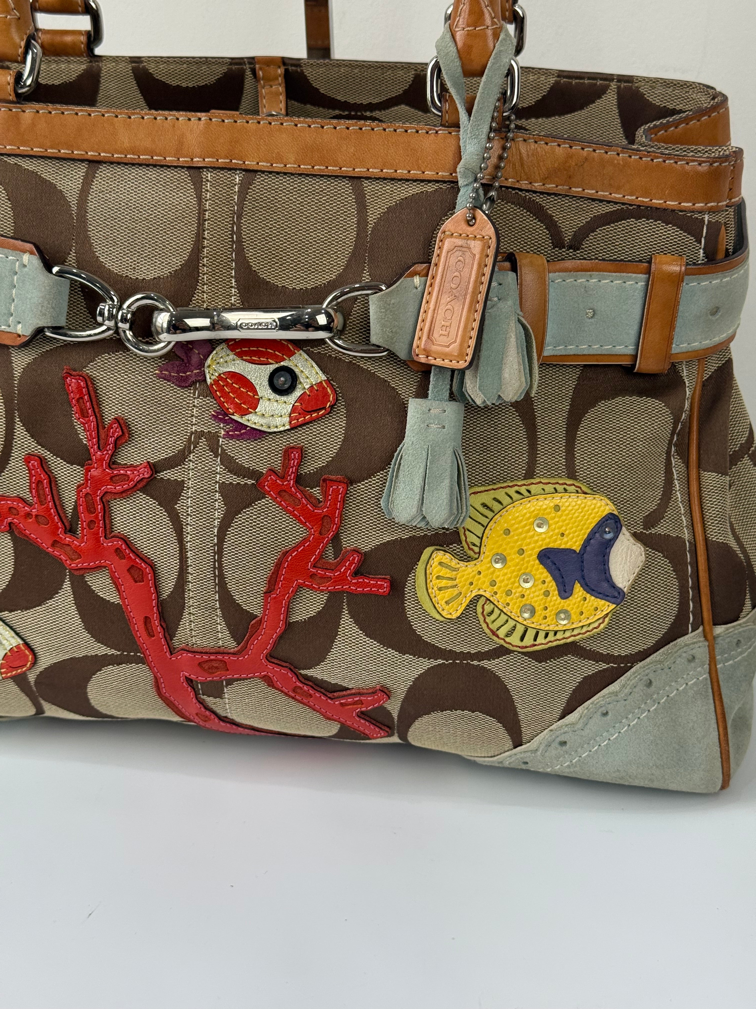 Super Rare Vintage Coach Signature Fish & Coral Appliqué Bag Coach Hampton Leather Satchel Handbag 00s Y2K