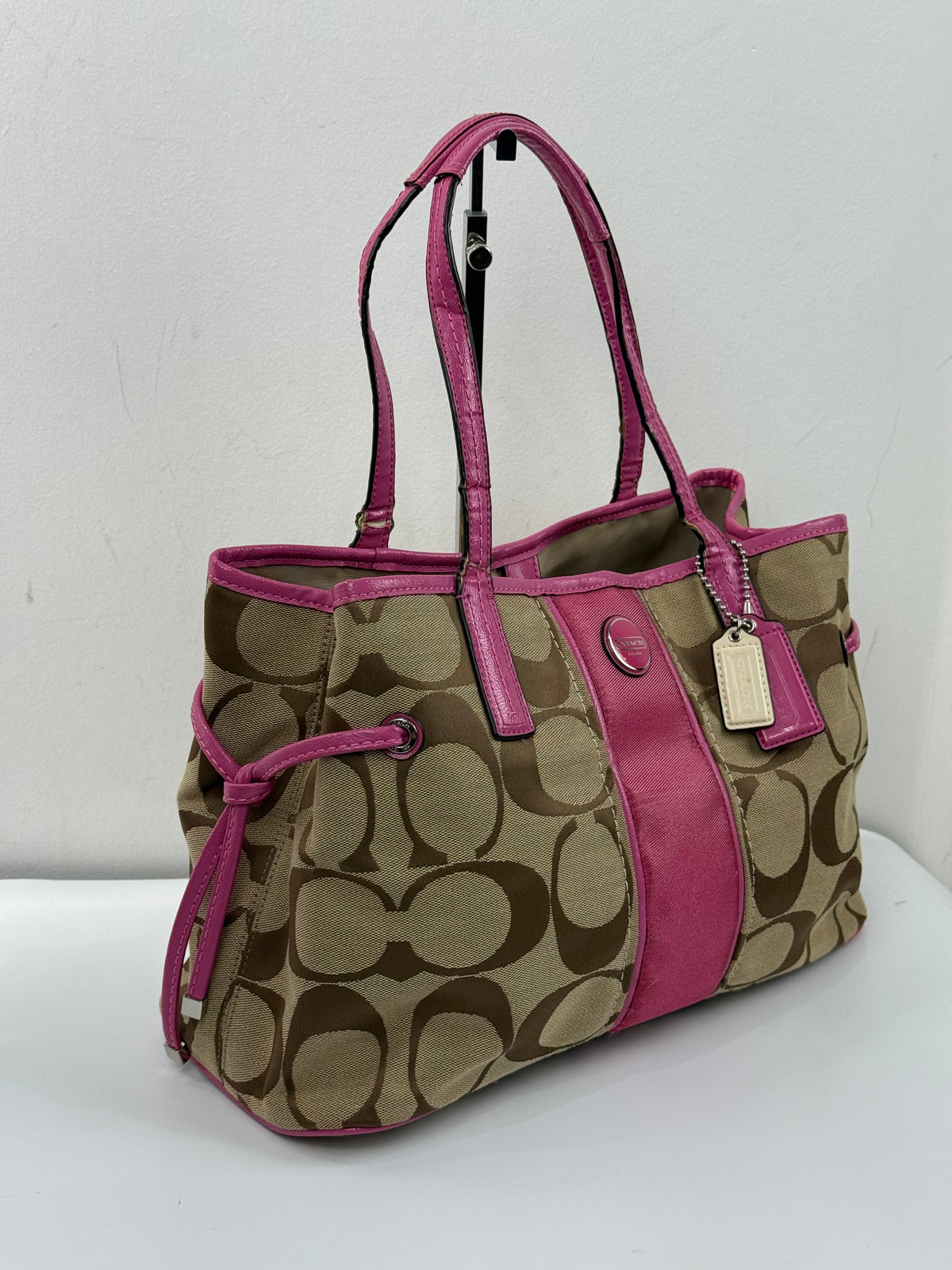 Vintage Coach Signature Stripe Carryall Tote Bag Beige Brown Coach Canvas with Pink Leather HandBag 00s Y2K