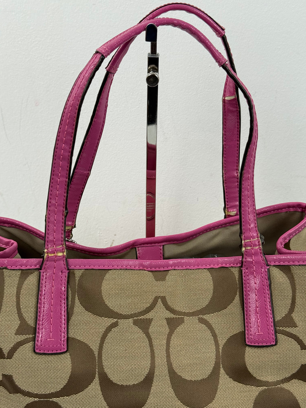 Vintage Coach Signature Stripe Carryall Tote Bag Beige Brown Coach Canvas with Pink Leather HandBag 00s Y2K