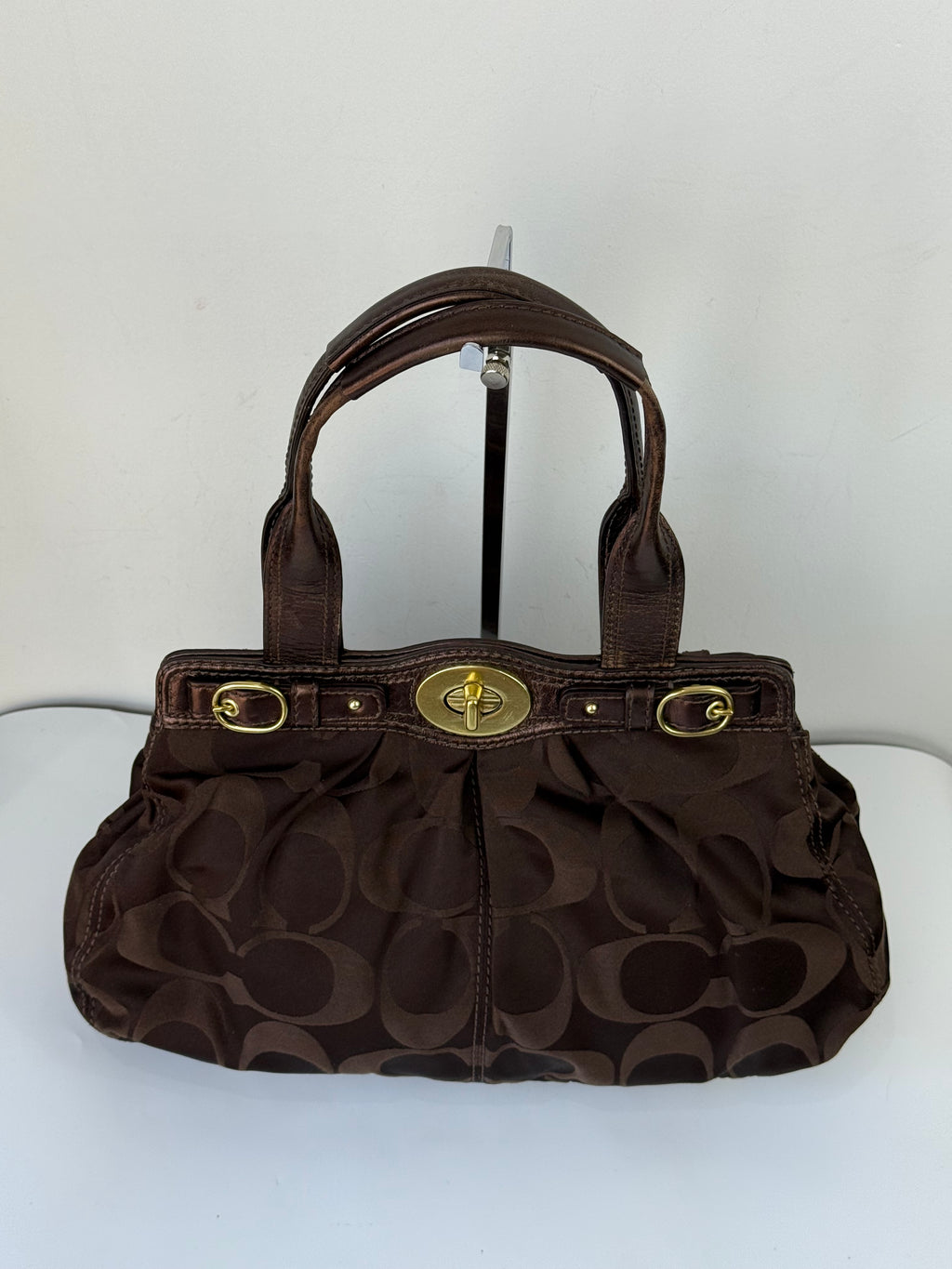 Vintage Coach Satin Pleeted TurnLock  Satchel Bag Brown Signature Coach Handbag 00s Y2K