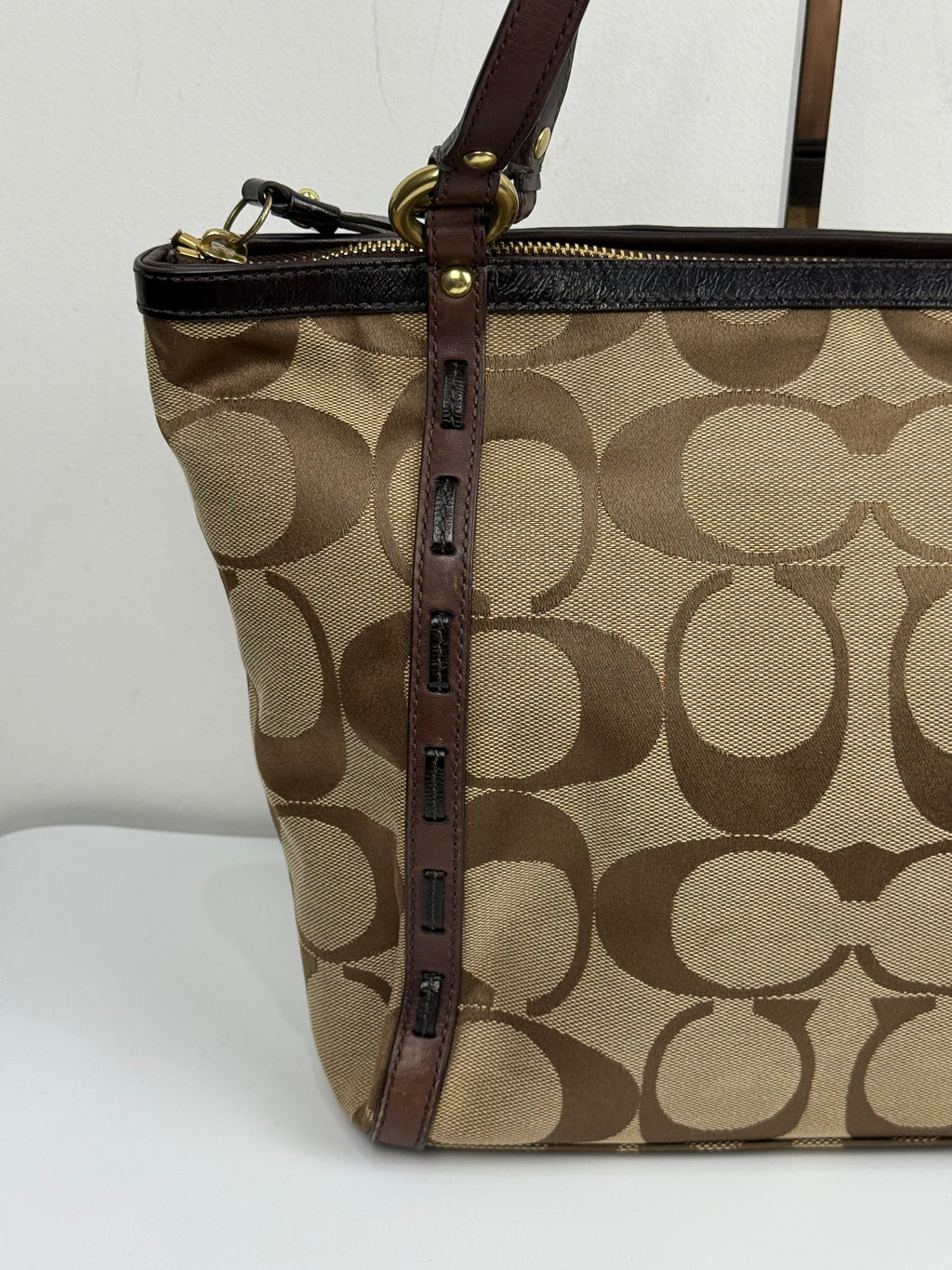 Vintage Coach Signature Zip-Top Tote Bag Brown/Beige Canvas Handbag 00s Y2K