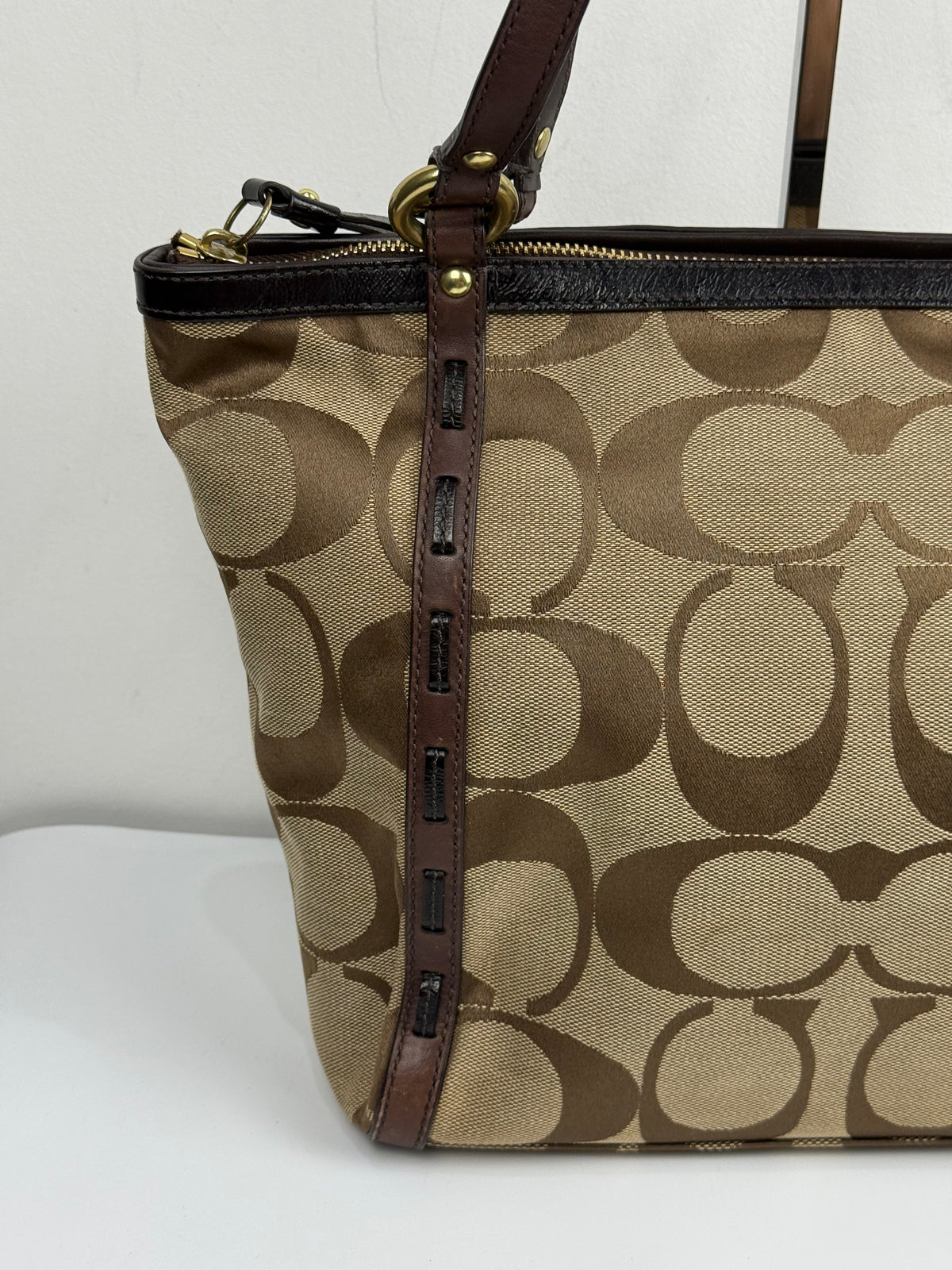 Vintage Coach Signature Zip-Top Tote Bag Brown/Beige Canvas Handbag 00s Y2K