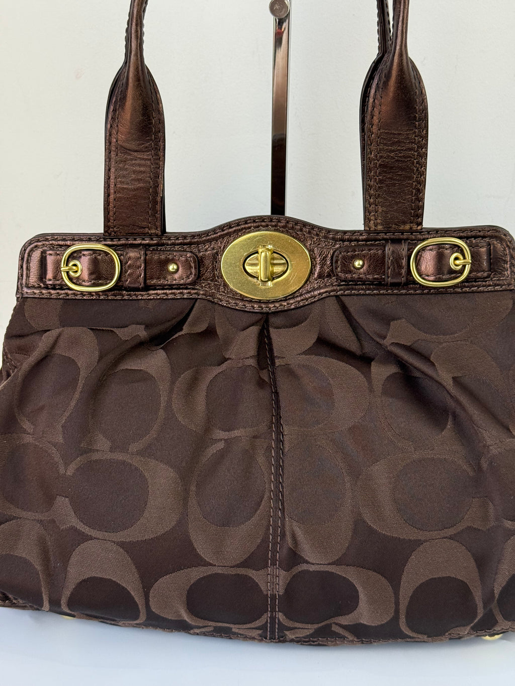 Vintage Coach Satin Pleeted TurnLock  Satchel Bag Brown Signature Coach Handbag 00s Y2K