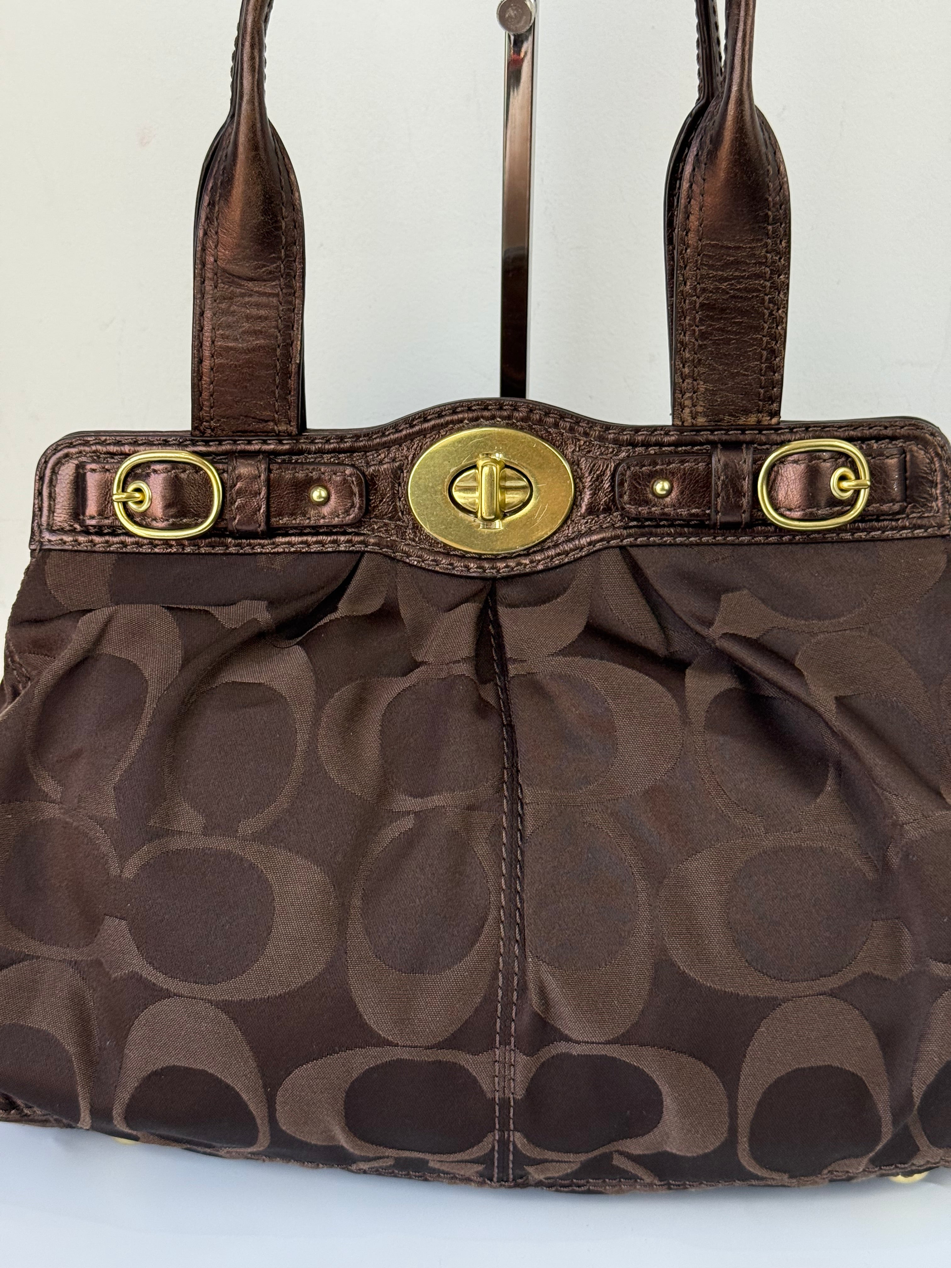 Vintage Coach Satin Pleeted TurnLock  Satchel Bag Brown Signature Coach Handbag 00s Y2K