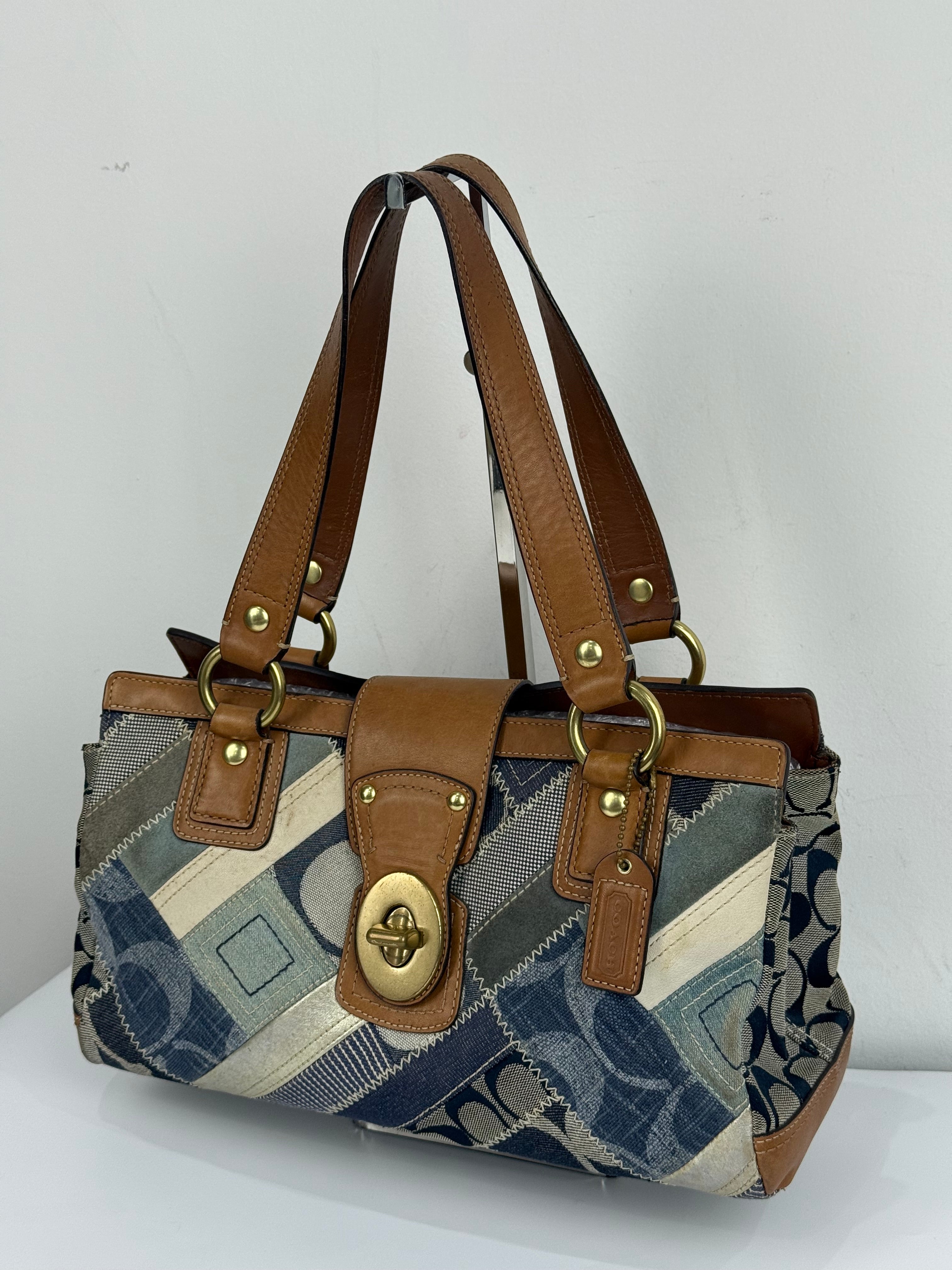 Vintage Coach Blue Denim Patchwork TurnLock HandBag Coach Y2K Leather Bag