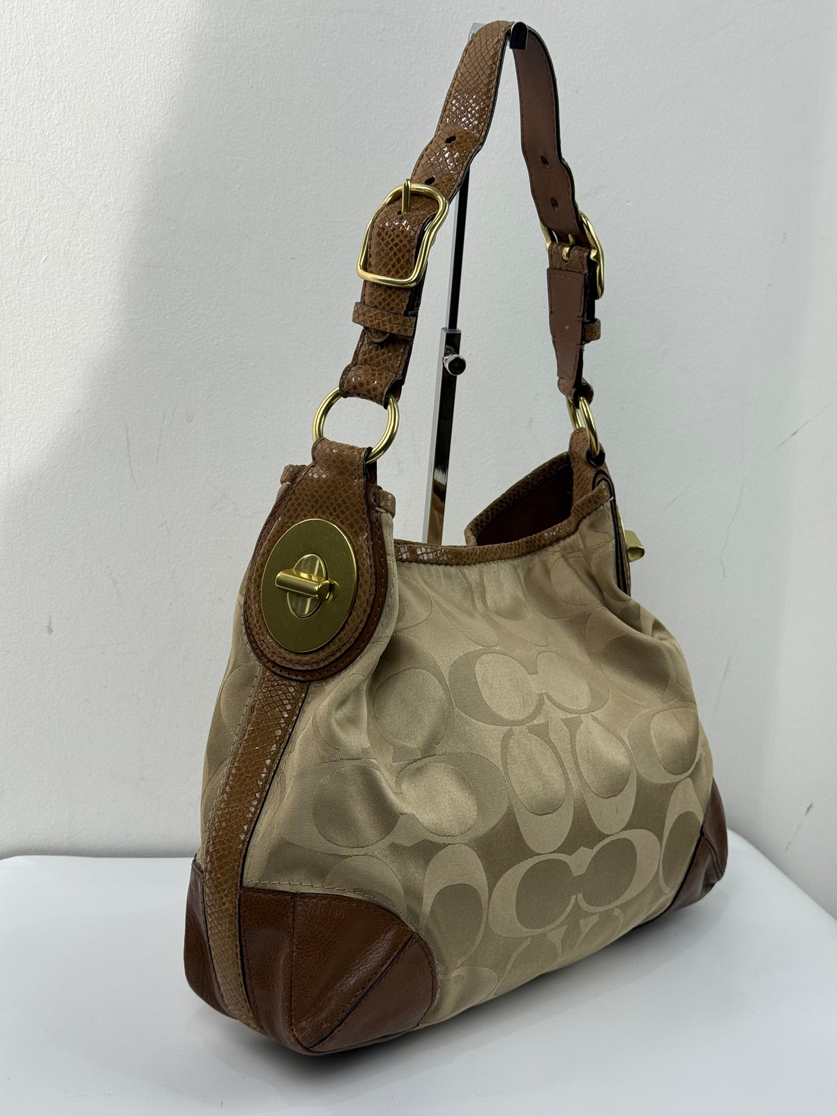 Vintage Coach Peyton Signature Satin Hobo Bag Beige & Brown Coach Shoulder Bag 00s Y2K