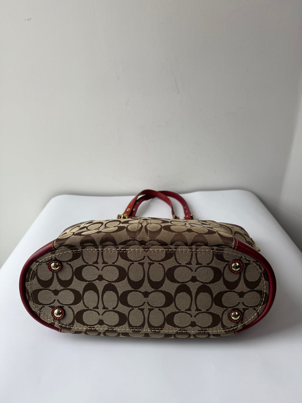 Vintage Coach Gallery Tote Bag Beige Brown Signature Red Leather Shoulder Bag