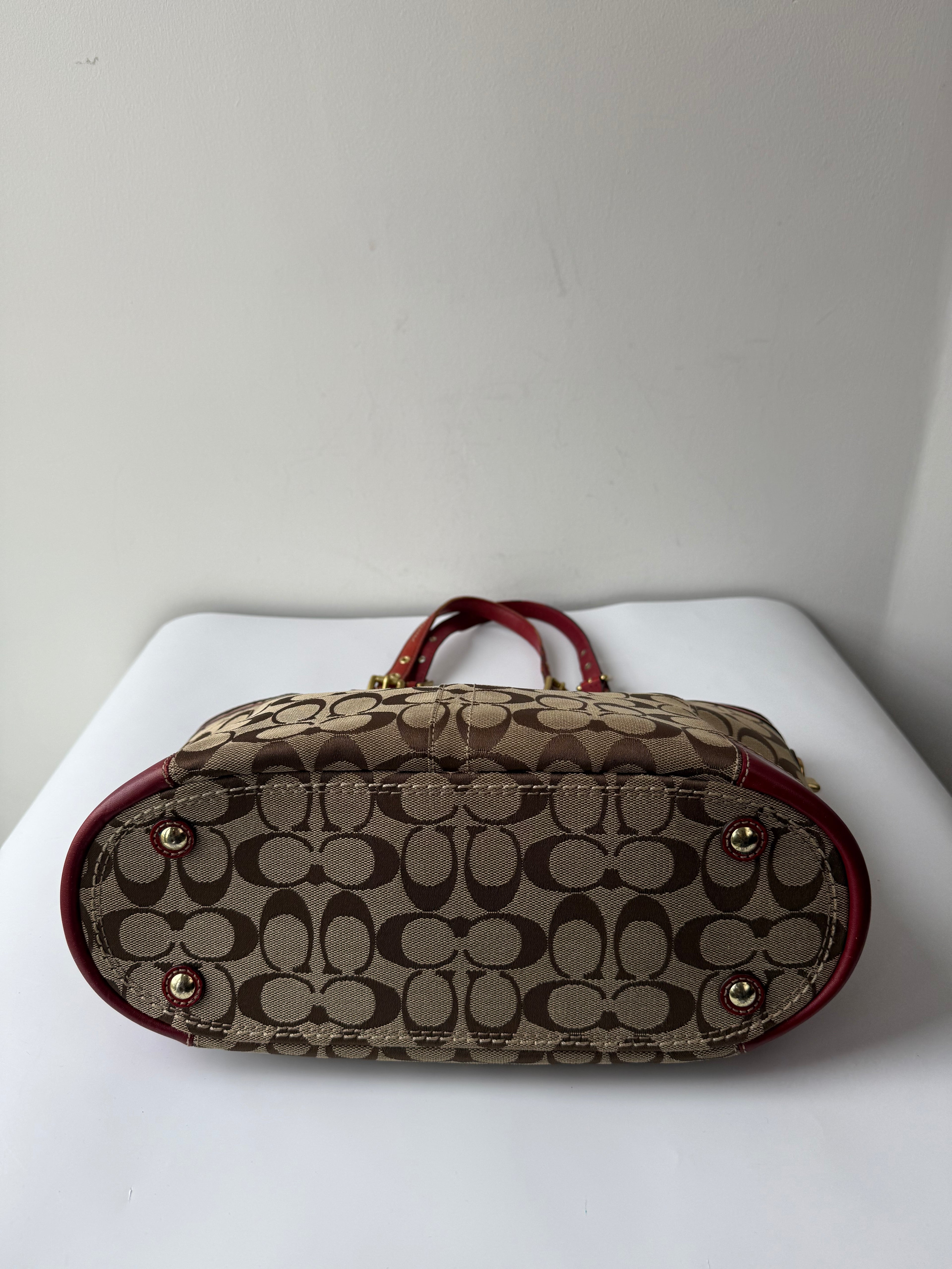 Vintage Coach Gallery Tote Bag Beige Brown Signature Red Leather Shoulder Bag