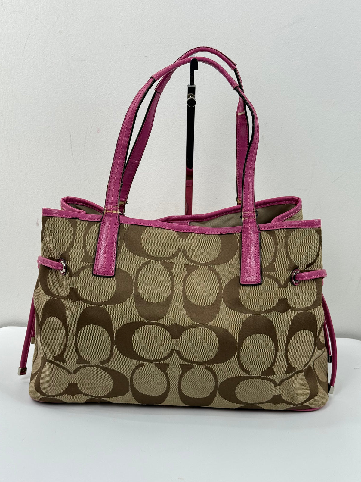 Vintage Coach Signature Stripe Carryall Tote Bag Beige Brown Coach Canvas with Pink Leather HandBag 00s Y2K
