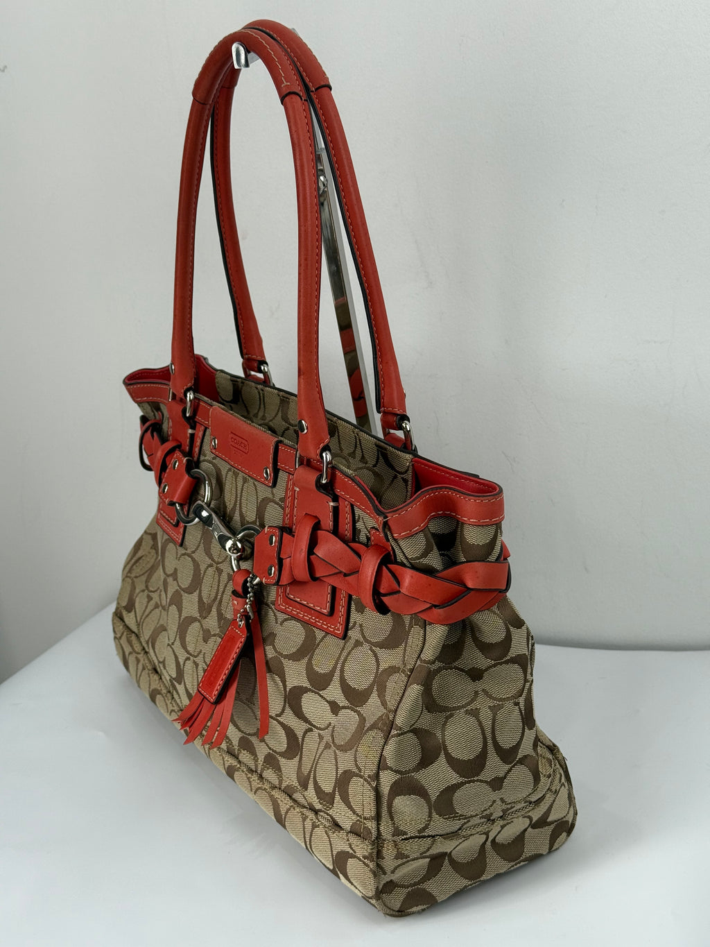 Vintage Coach Hampton Bag Coral Leather Shoulder Bag Signature Handbag 00s Y2K