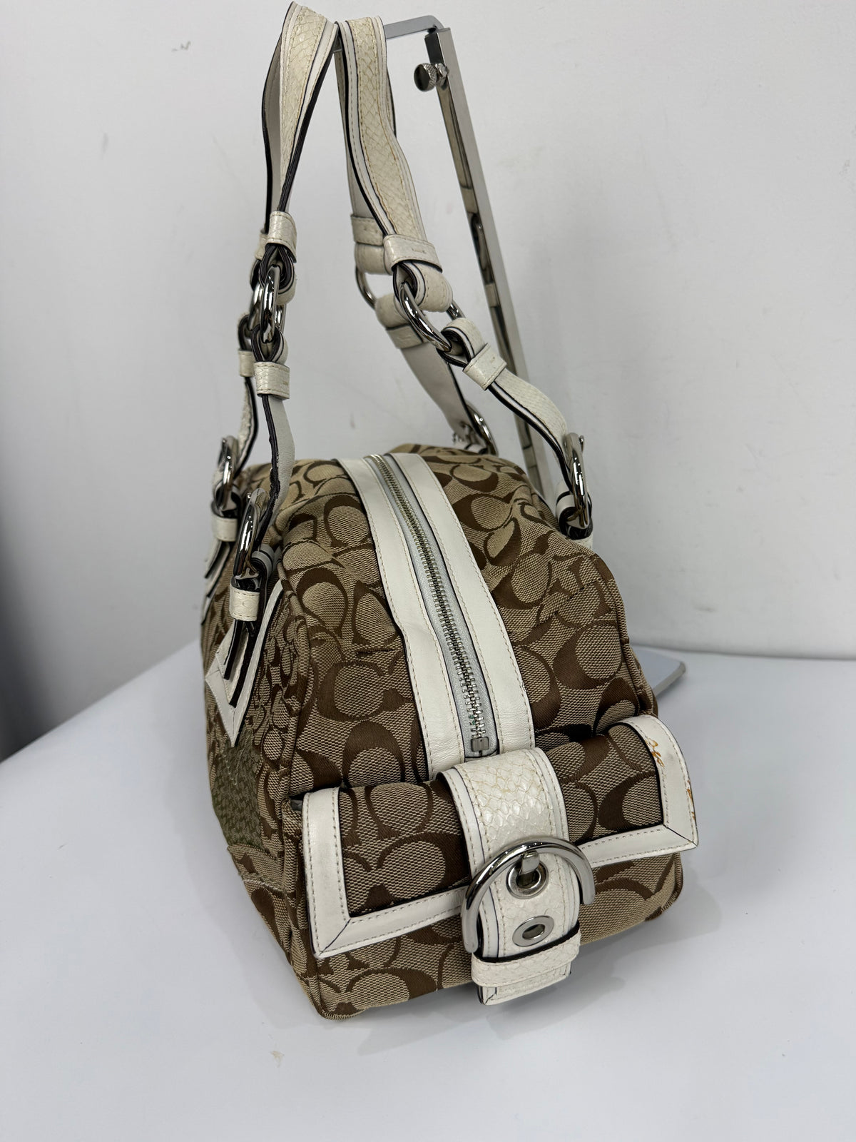 Vintage Coach Brown Patchwork Boston Satchel Soho Mia Signature Shoulder Bag 00s Y2K