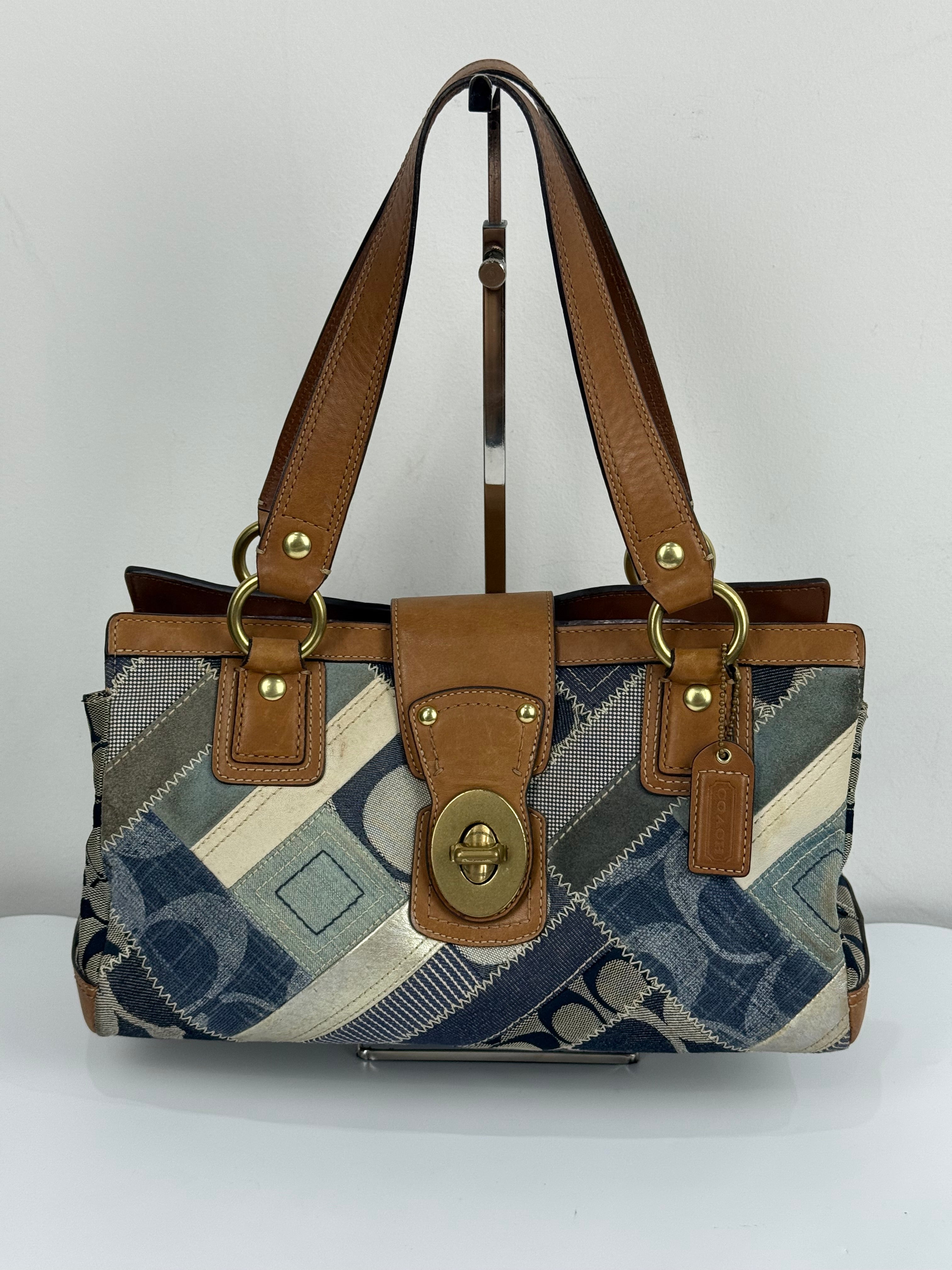 Vintage Coach Blue Denim Patchwork TurnLock HandBag Coach Y2K Leather Bag